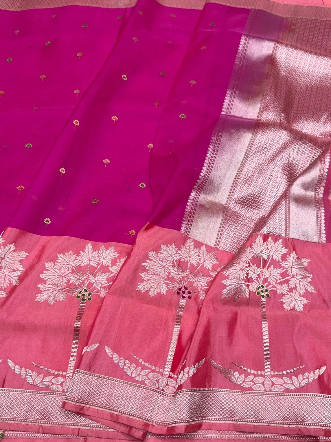 Rani Pink Handwoven Pure Organza Silk Saree in Kadwa Weave | 100% Pure Kora Silk