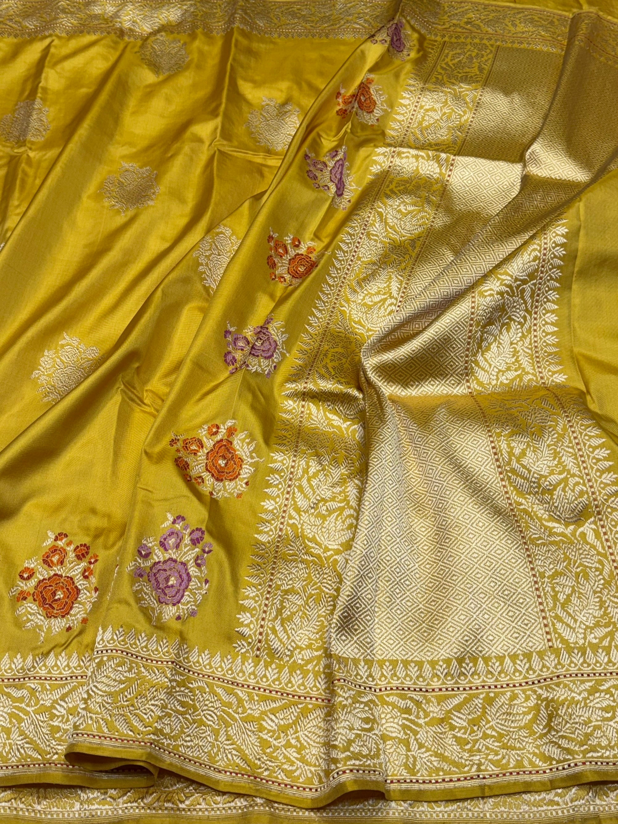 Mustard Yellow Handwoven Pure Banarasi Ektara Silk Saree – Authentic Kadwa Weave