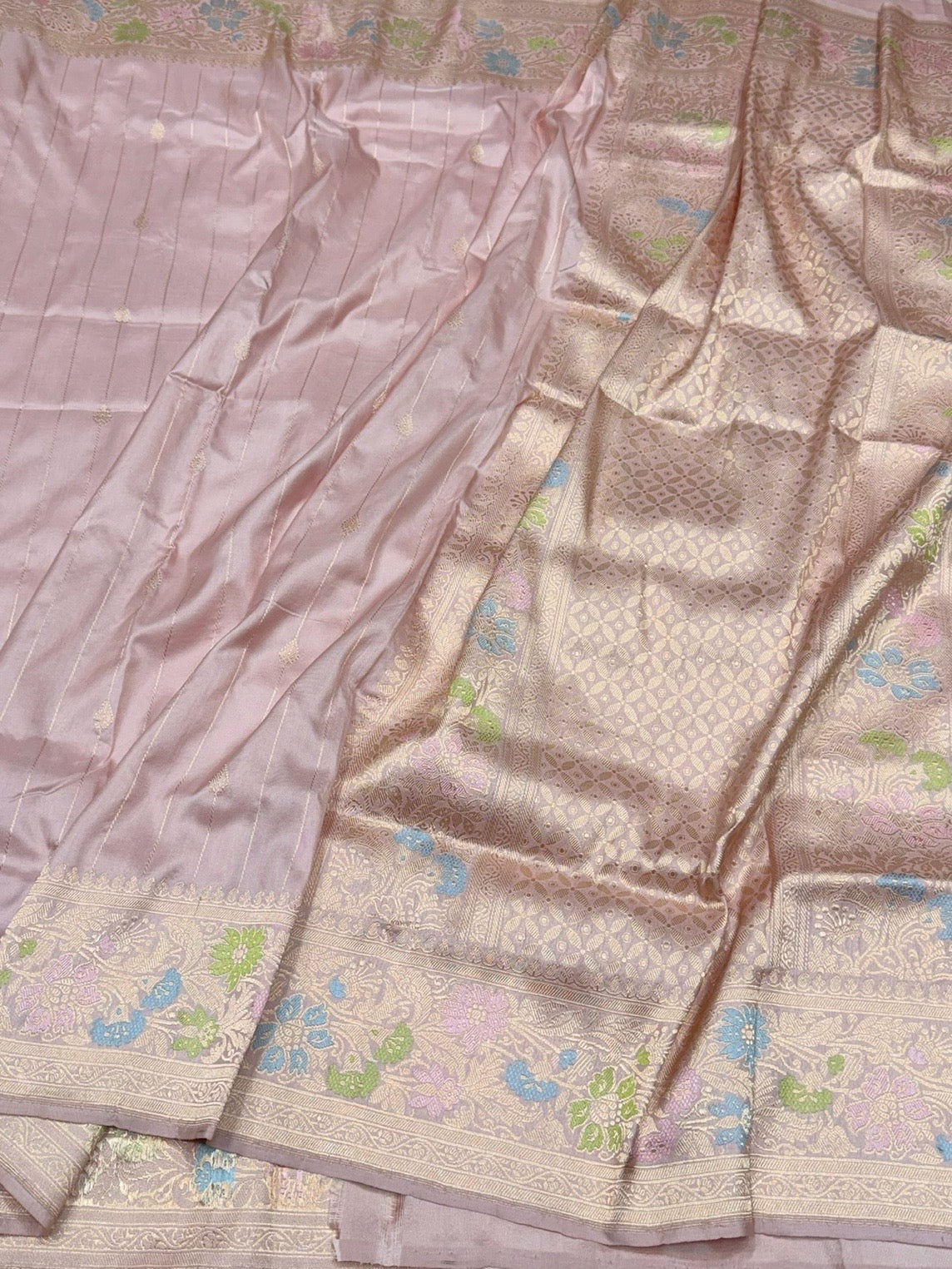 Powder Pink Handwoven Pure Banarasi Silk Saree in Kadwa Weave – Katan Silk with Skirt Pattern Design