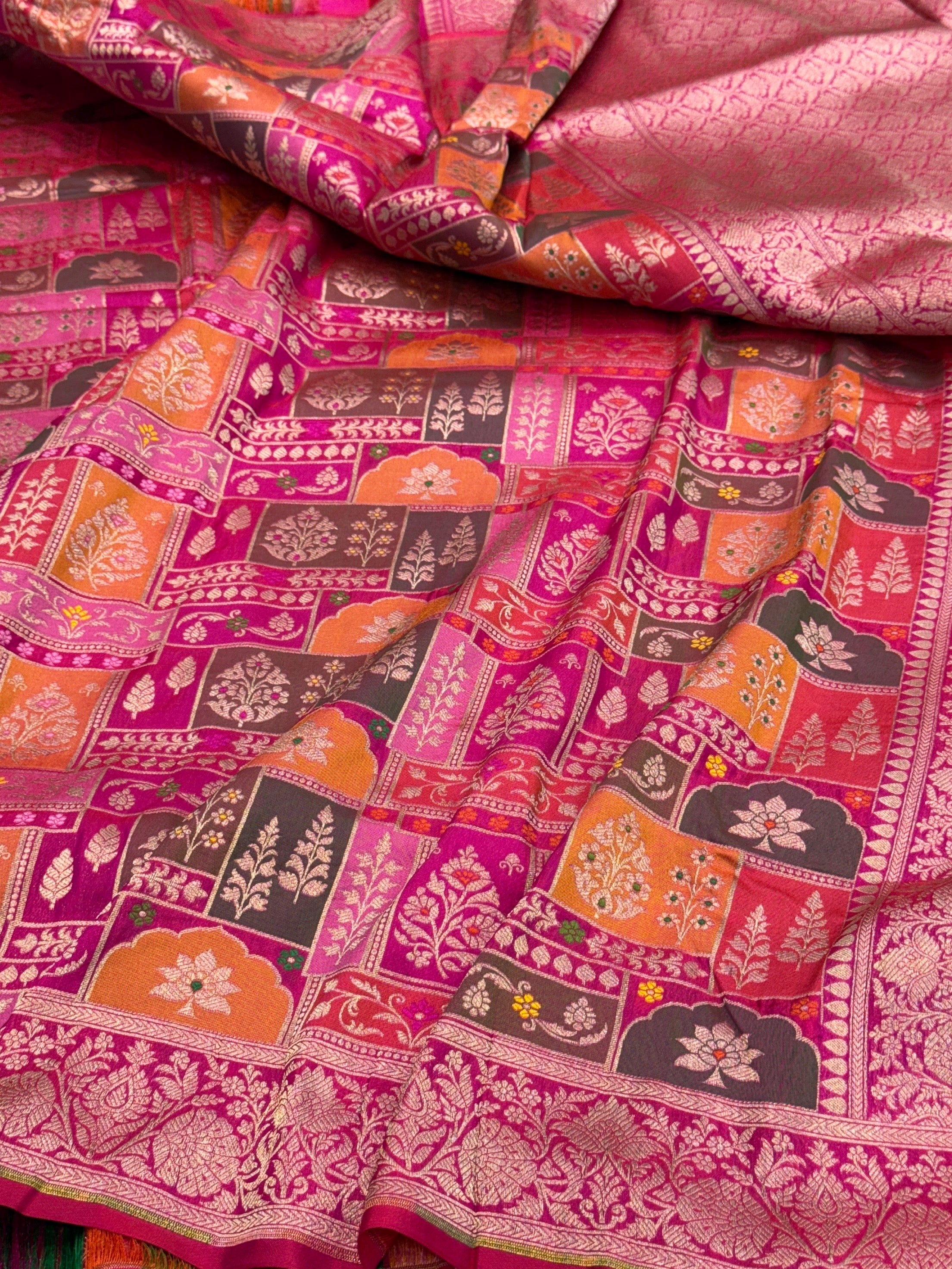 Multicolour Banarasi Pure Silk Saree – Cutwork Weave in 100% Pure Katan Silk