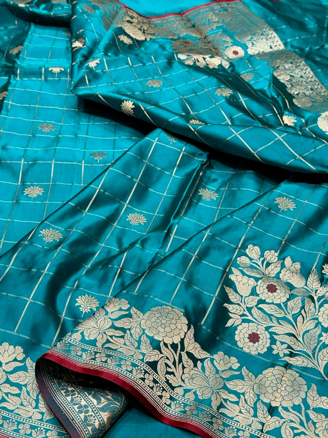 Teal Blue Handwoven Pure Banarasi Mashru Satin Silk Saree – Kadwa Weave | Pure Satin Silk | Luxury Check Pattern