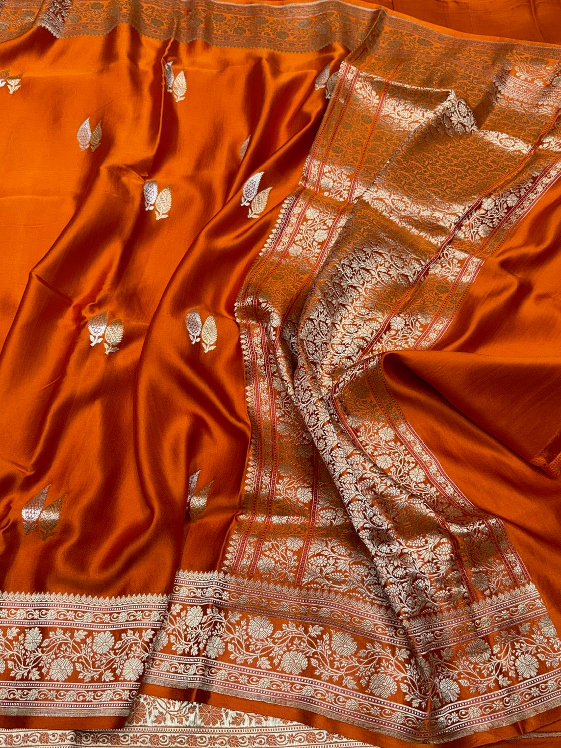 Orange Handwoven Pure Mashru Banarasi Satin Silk Saree – Kadwa Weave | Authentic Banaras Handloom