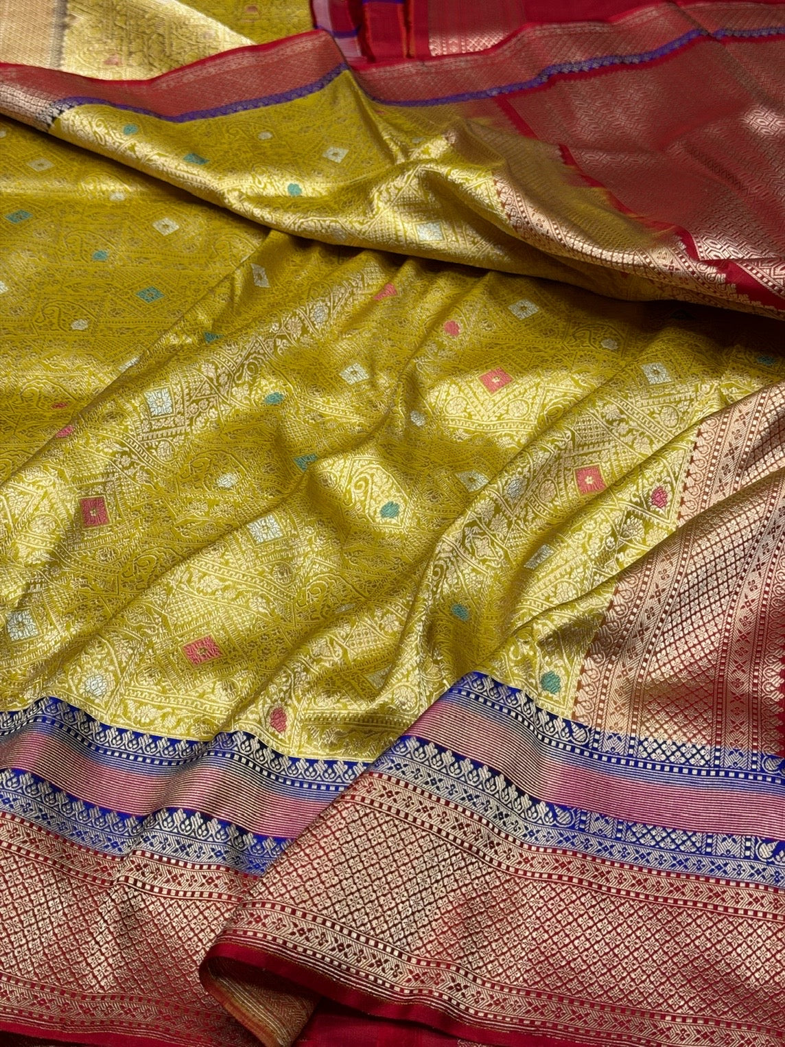 Lemon Yellow Banarasi Silk Brocade Saree with Red Satin Border – Katan Silk Elegance