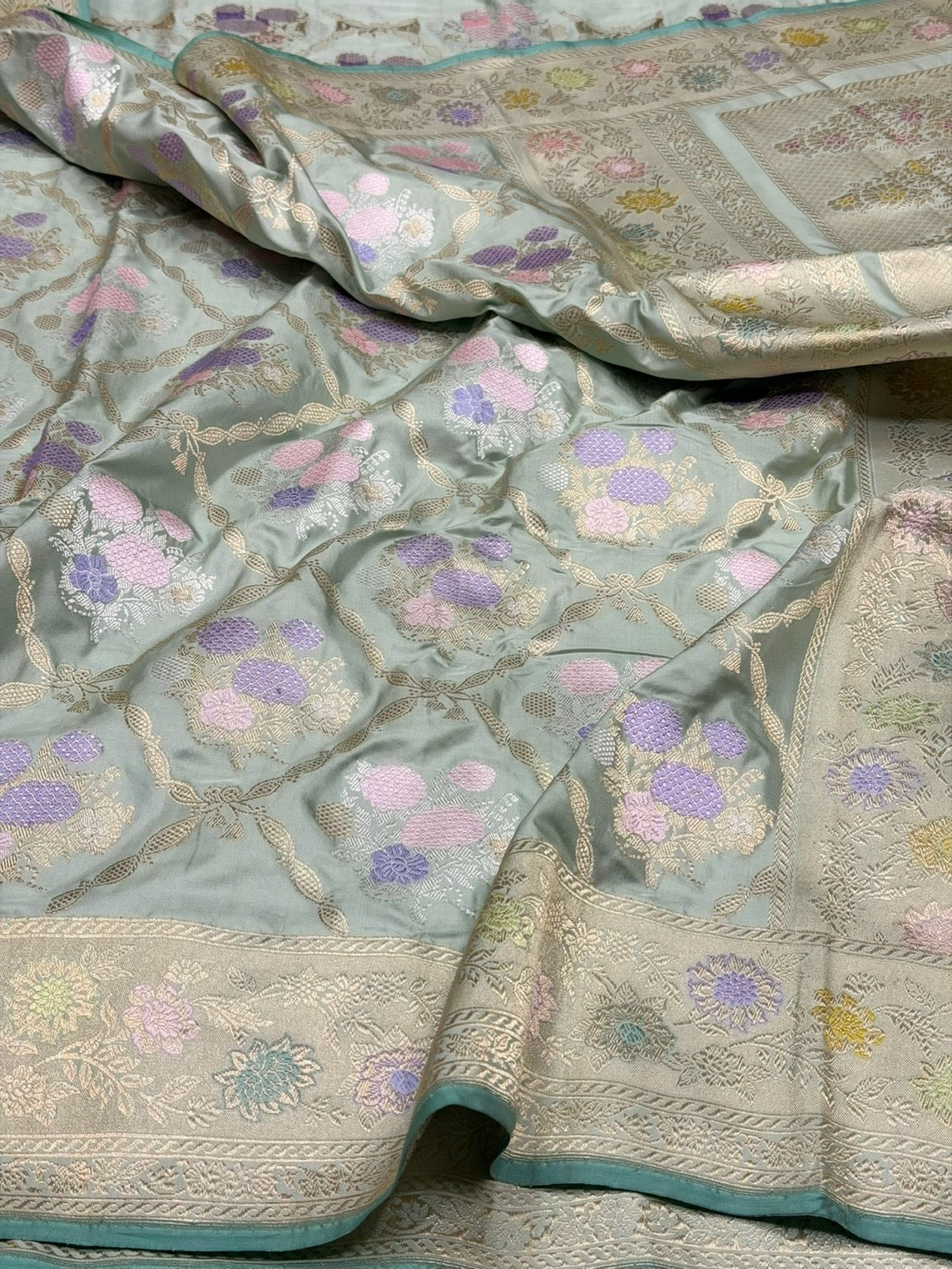 Sage Green Handwoven Pure Banarasi Silk Saree – Kadwa Meenakari Jaal | Authentic Banaras Handloom