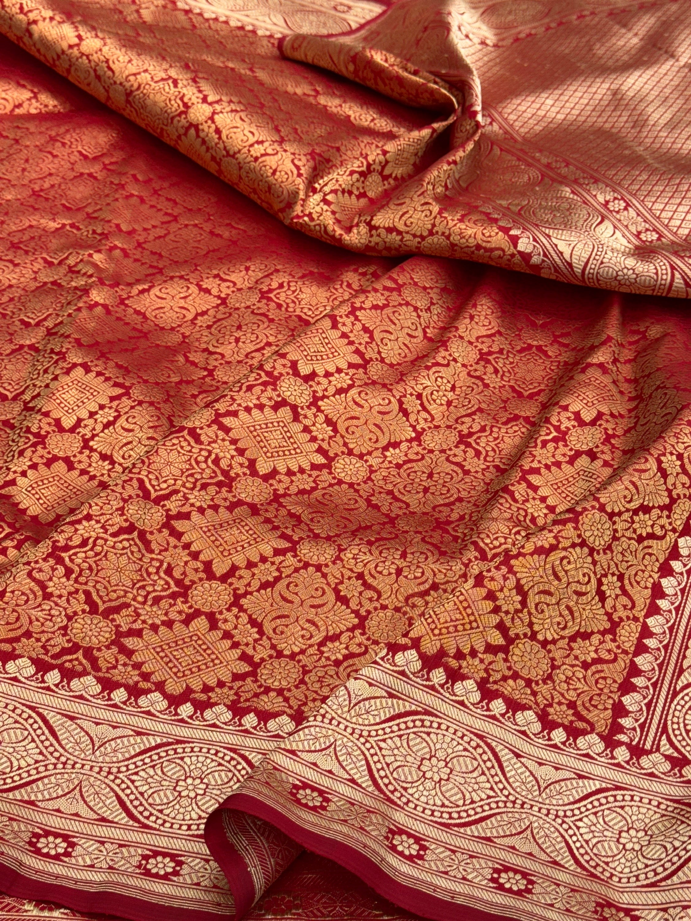 Red Pure Banarasi Silk Brocade Saree in Katan Mulberry Silk – Classic Banaras Weave