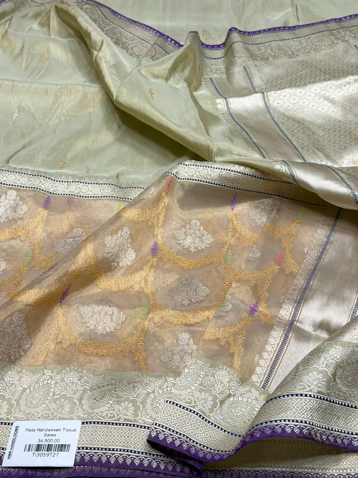 Soft Sea Green Handwoven Pure Banarasi Tissue Saree in Kadwa Weave | Pure Katan Tissue Silk