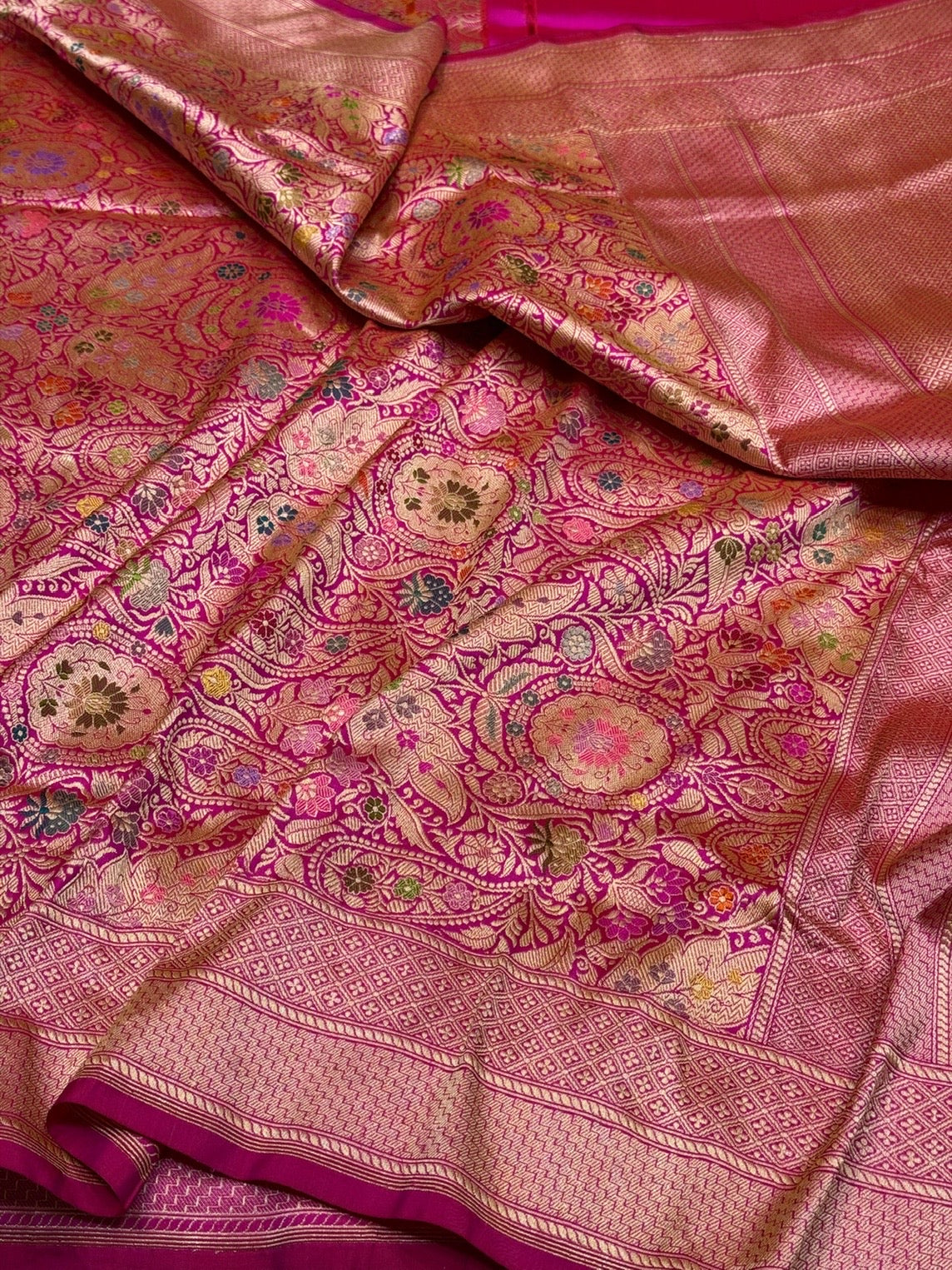 Rani Pink Handwoven Kimkhab Pure Banarasi Silk Brocade Saree – 100% Katan Mulberry Silk