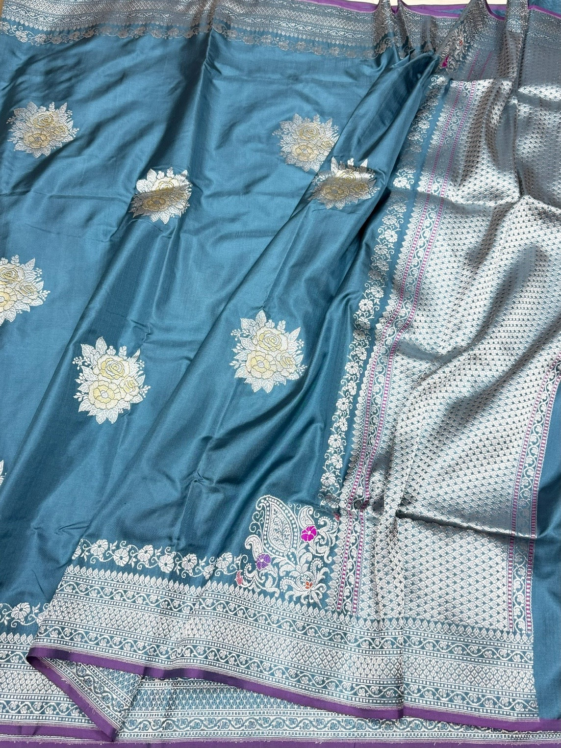 Teal Blue Handwoven Pure Banarasi Ektara Silk Saree