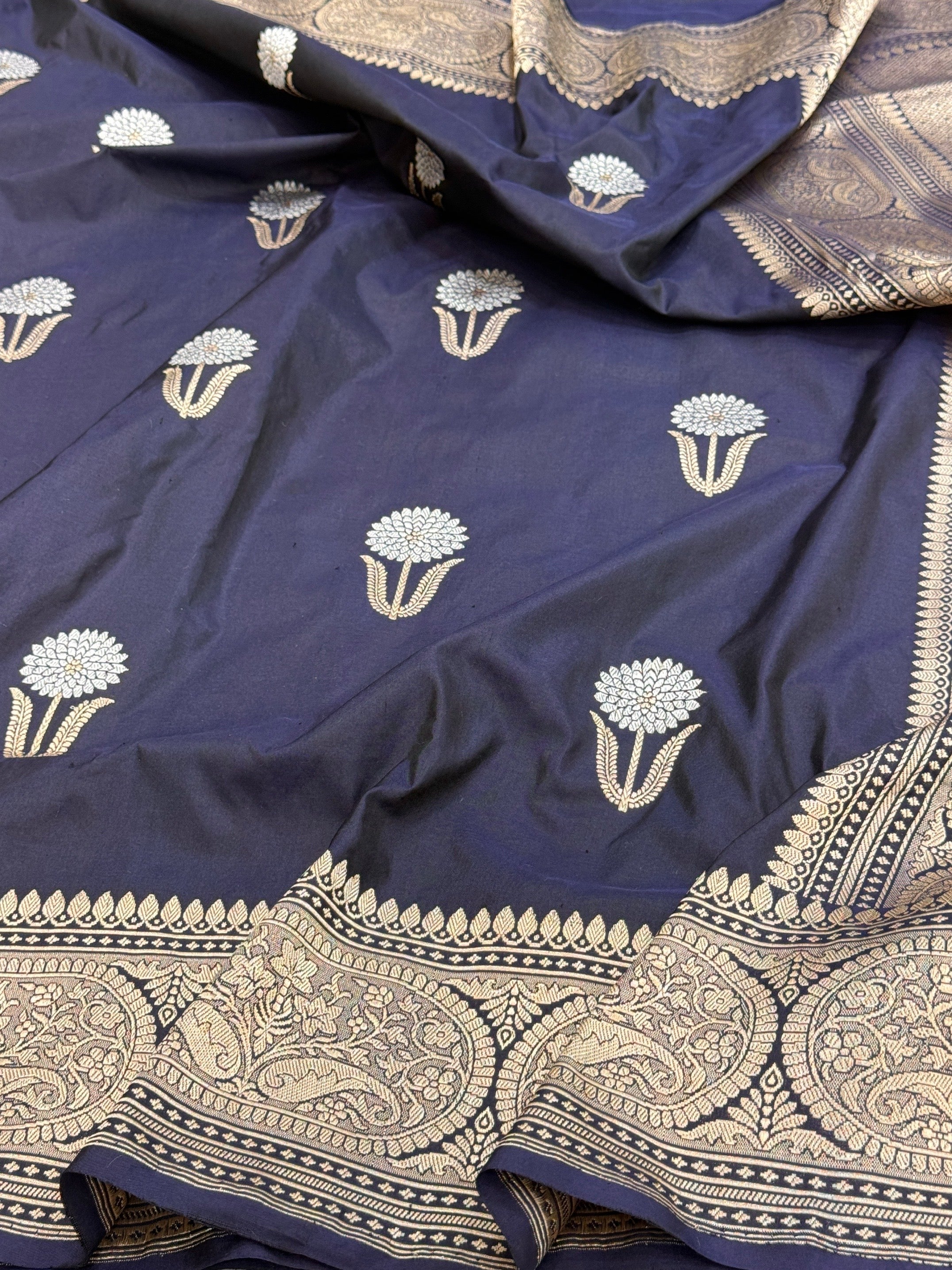 Navy Blue Handwoven Pure Banarasi Katan Silk Saree | Kadwa Weave | Gold & Silver Zari | Pure Silk Handloom Saree