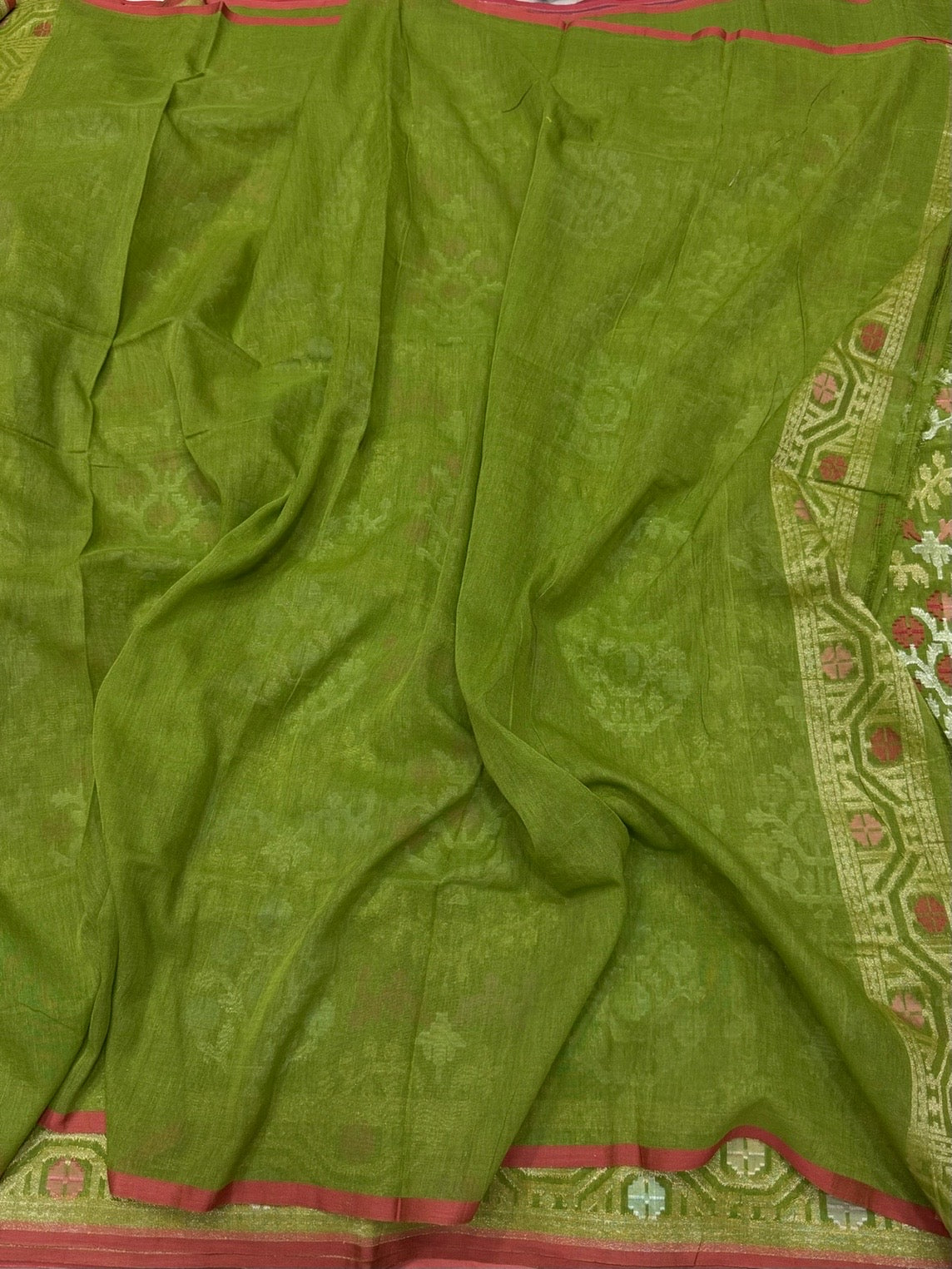 Green Pure Muslin Cotton Jamdani Saree