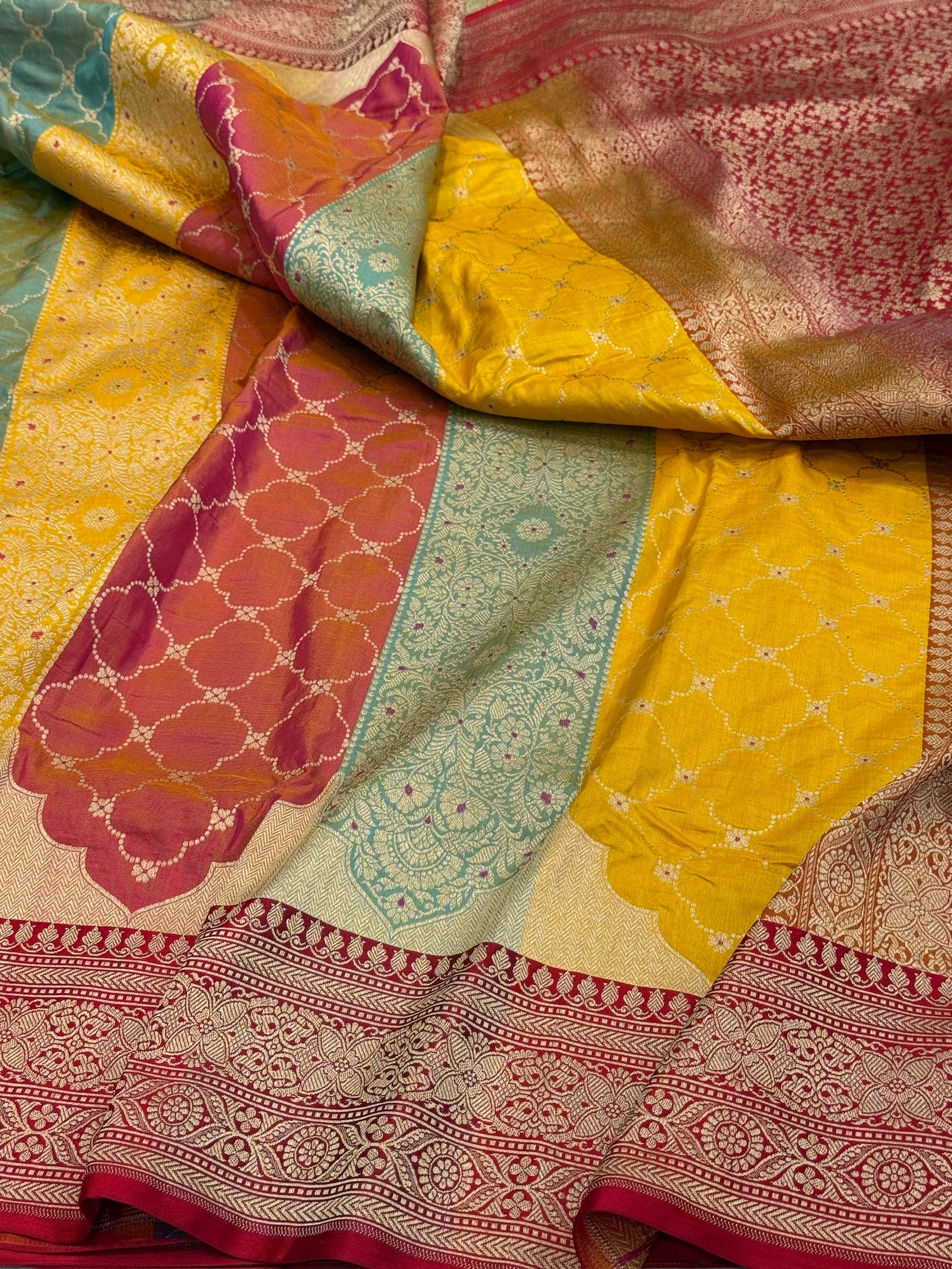 Multicolour Banarasi Pure Silk Saree – Cutwork Weave in 100% Pure Katan Silk