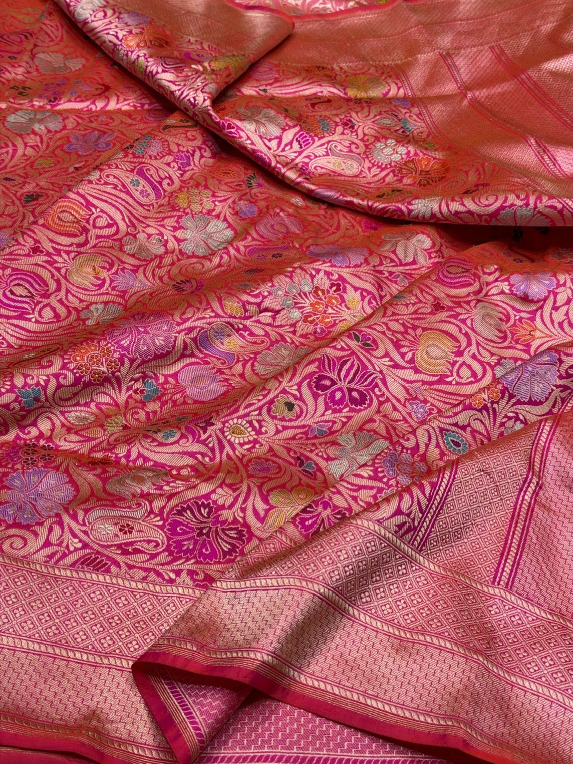 Rani Pink Handwoven Kimkhab Pure Banarasi Silk Brocade Saree – 100% Katan Mulberry Silk