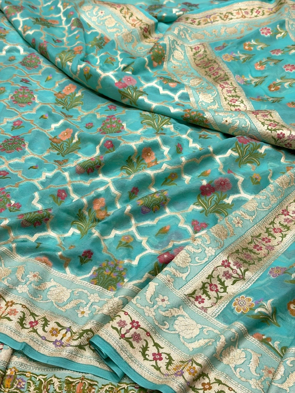 Sea Green Pure Banarasi Chiffon Georgette Saree