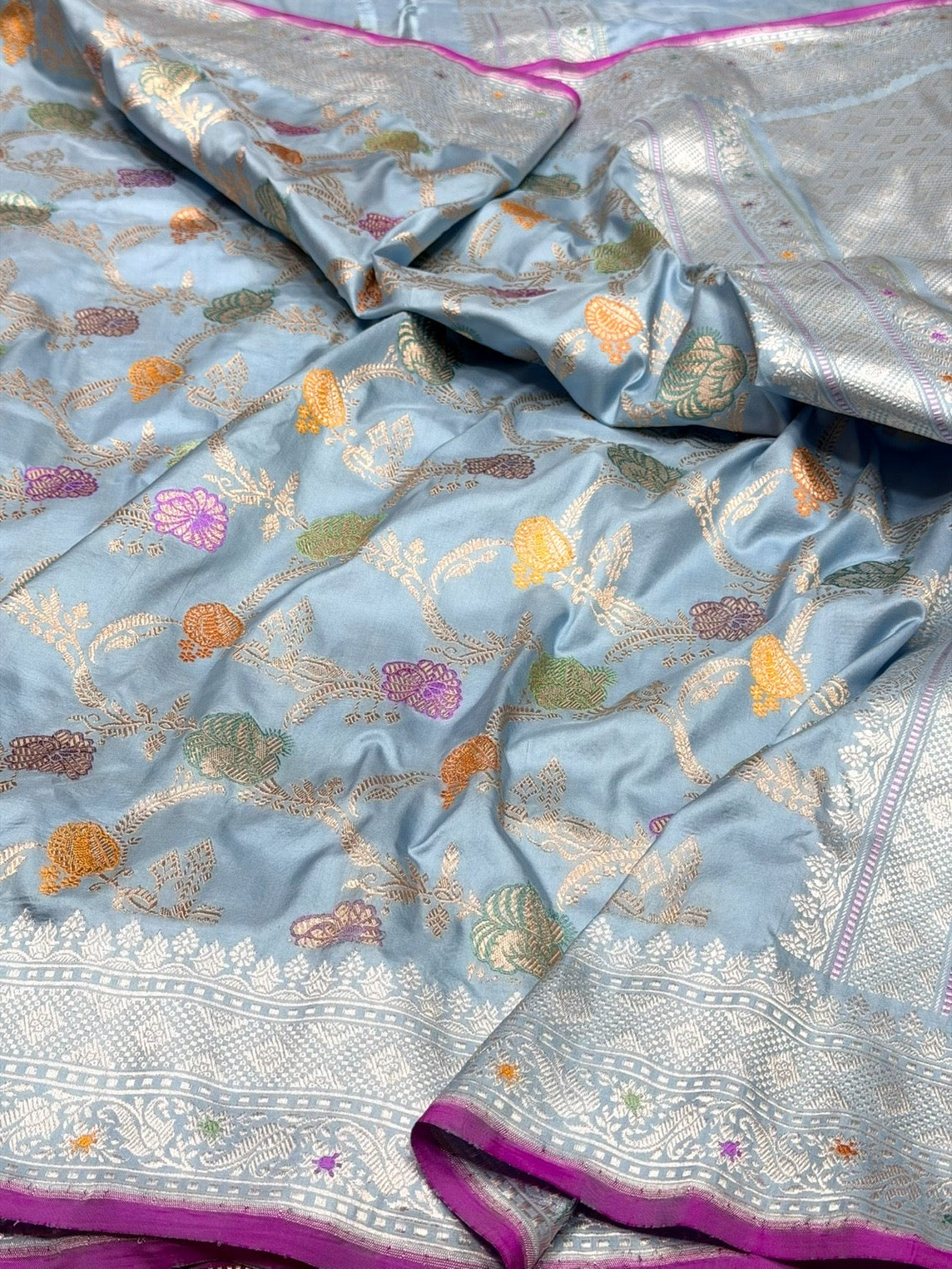 Powder Blue Handwoven Pure Banarasi Katan Silk Saree – Authentic Kadwa Weave