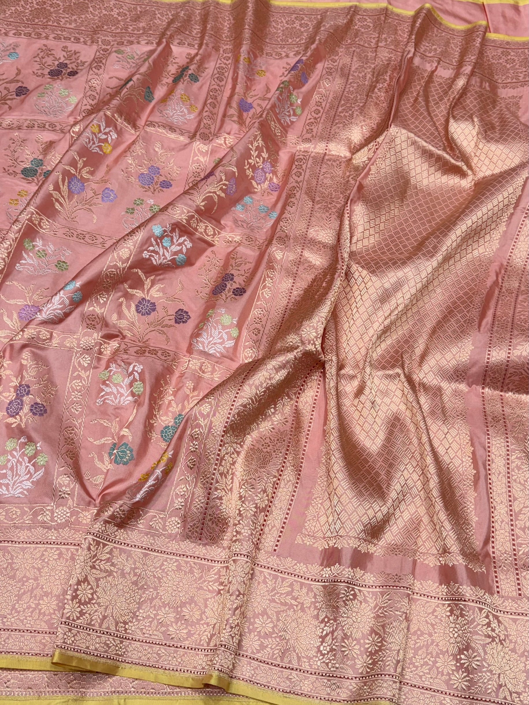 Peach Handwoven Pure Banarasi Silk Saree – Kadwa Weave | Authentic Katan Mulberry Silk