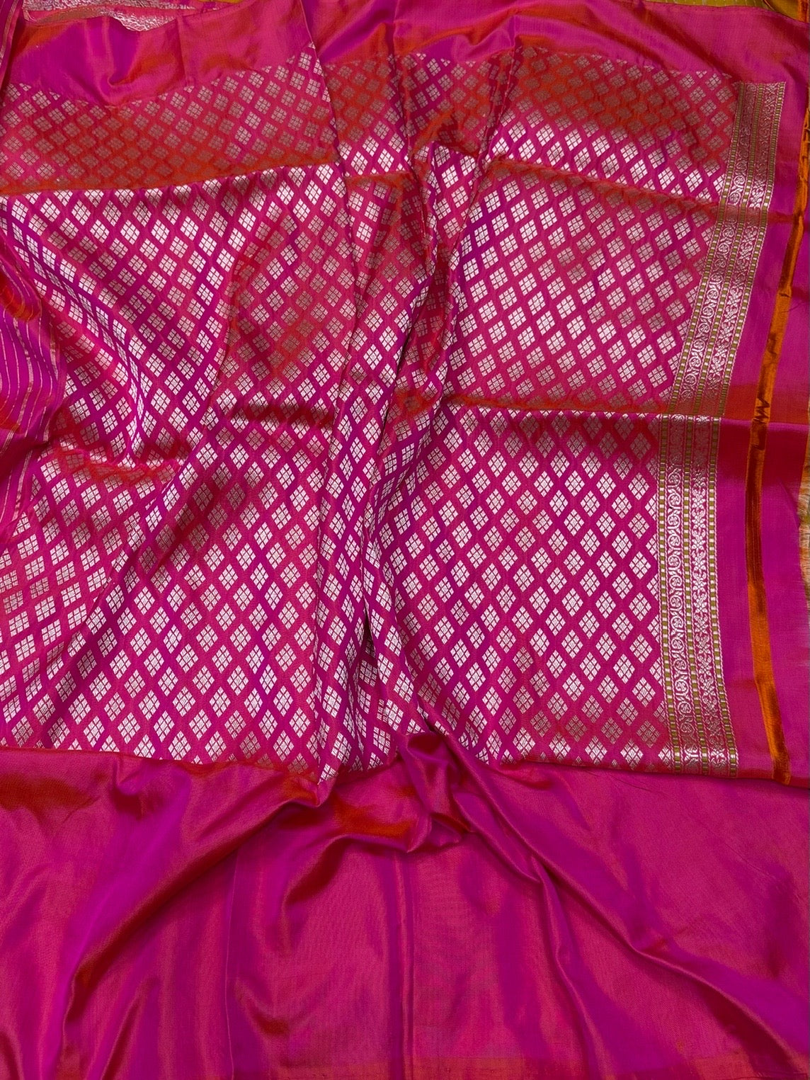 Mustard Yellow /Rani Pink Handwoven Pure Banarasi Ektara Silk Saree