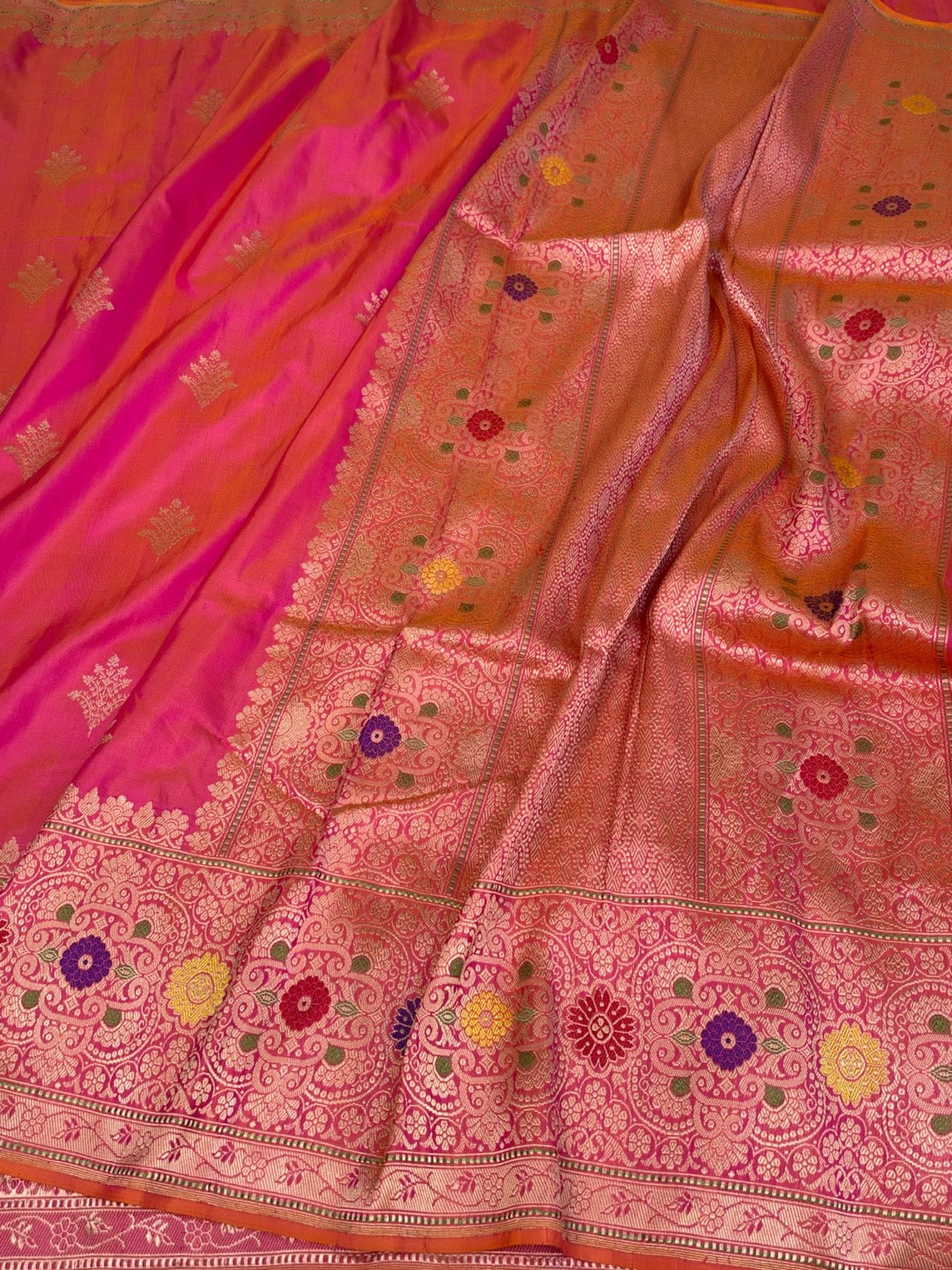 Orangish Pink Handwoven Pure Banarasi Ektara Silk Saree – Kadwa Iktara Weave, Pure Mulberry Silk