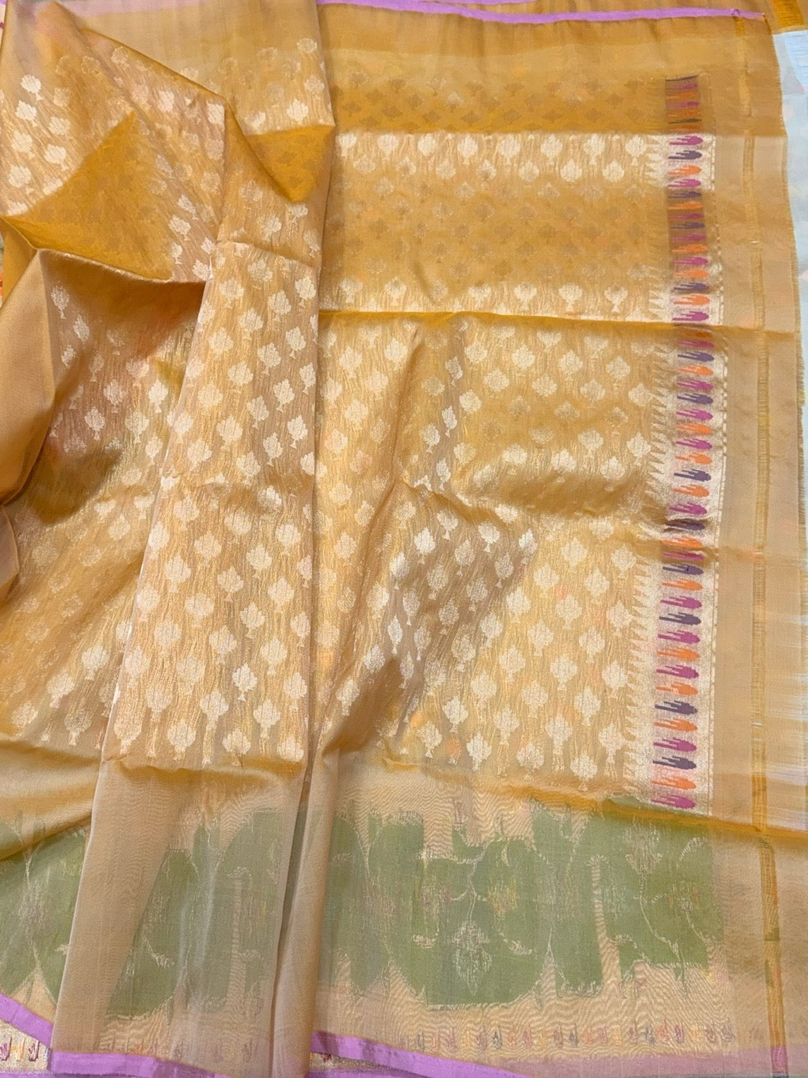 Ivory Handwoven Pure Banarasi Ektara Organza Silk Saree – Kadwa Weave Paithni Border in Kora Mulberry Silk