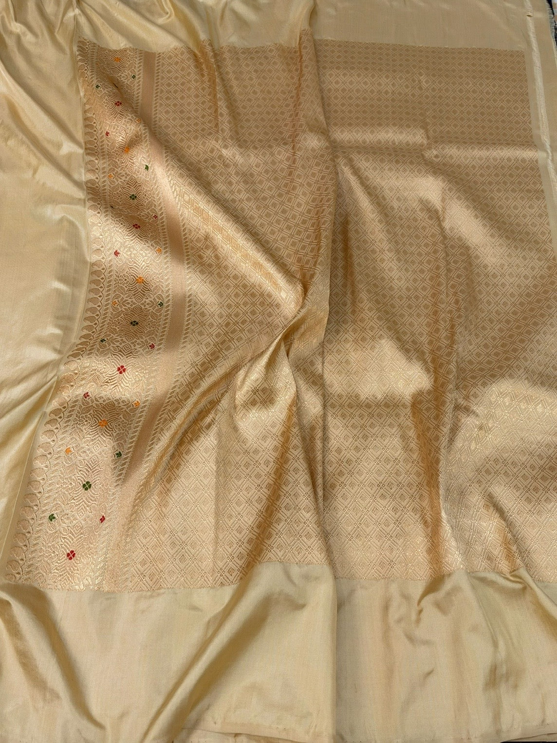 Ivory Cream Handwoven Pure Banarasi Ektara Silk Saree