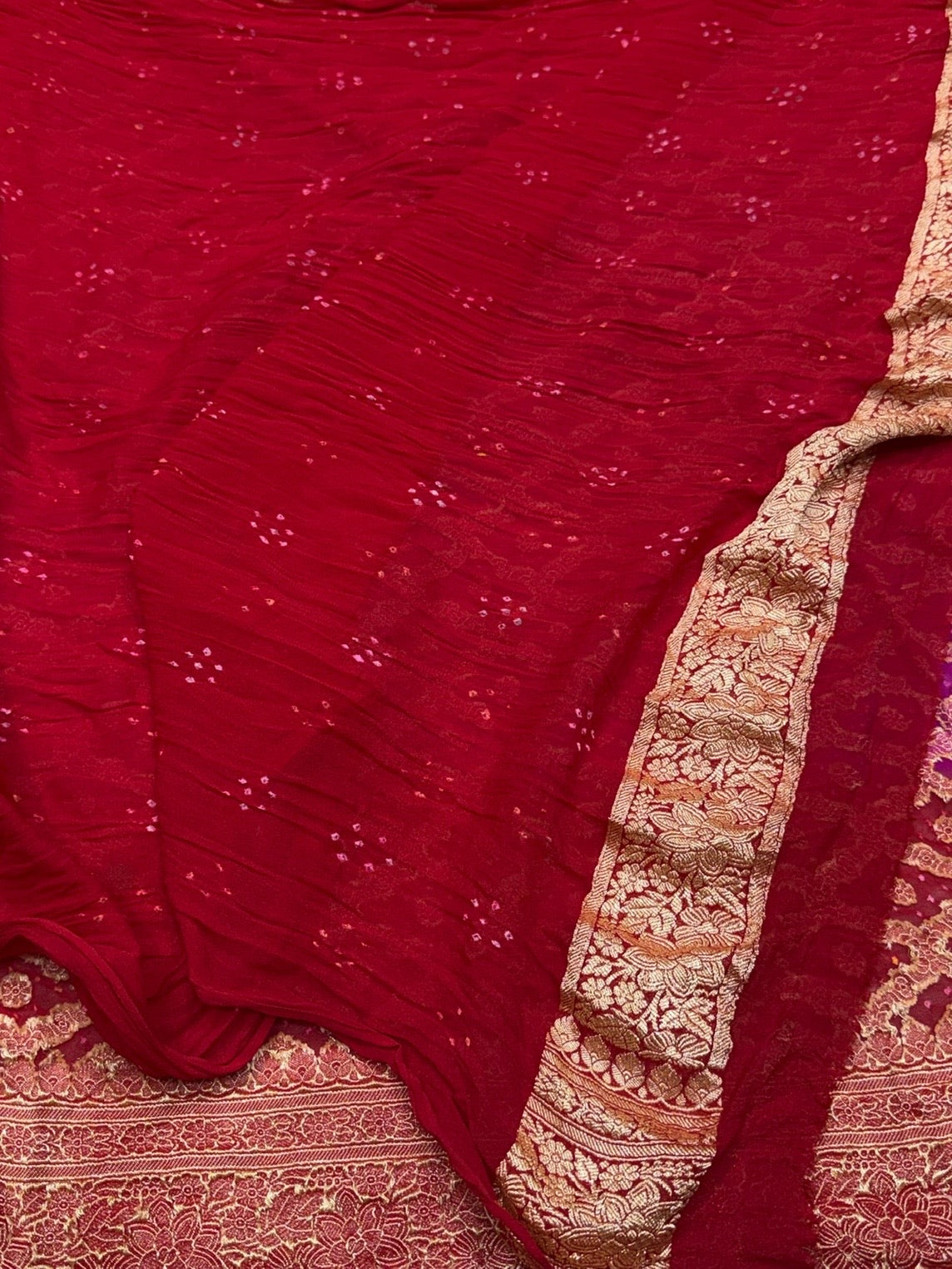 Red Banarasi Pure Bandhej Georgette Saree – Luxury Cutwork Brocade Festive Saree