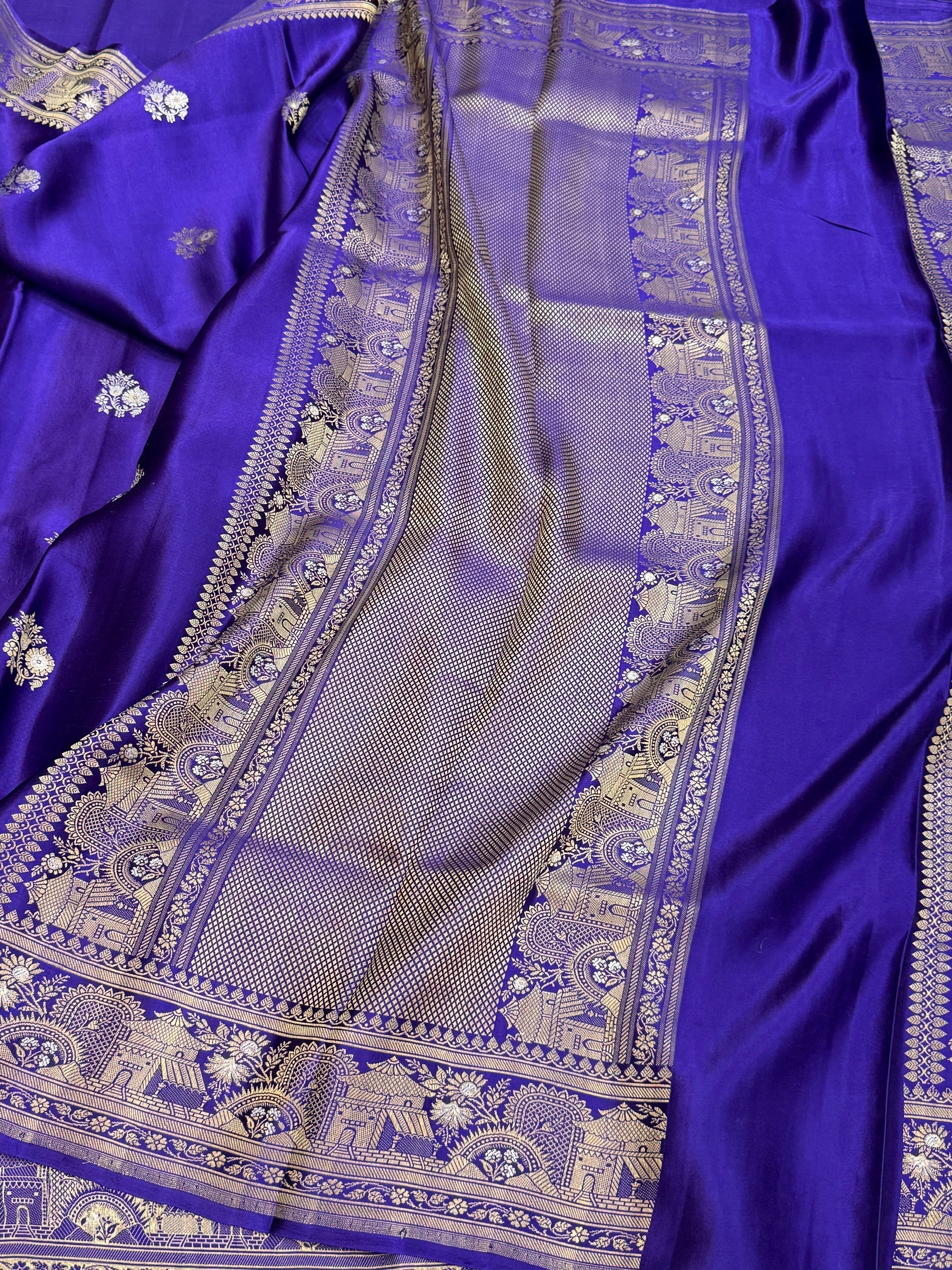 Purple Handwoven Pure Mashru Banarasi Satin Silk Saree ā Kadwa Weave | Authentic Banaras Handloom