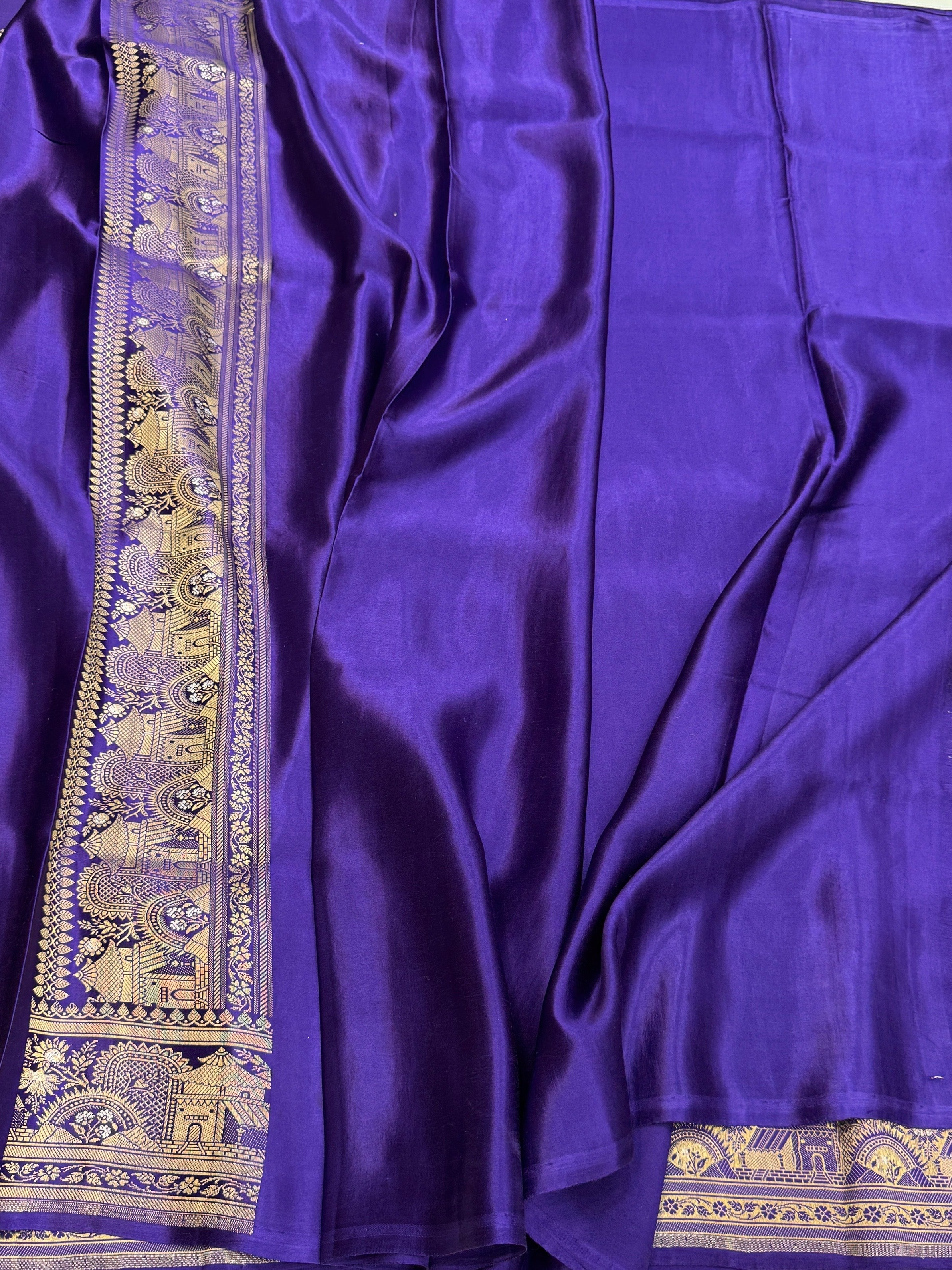 Purple Handwoven Pure Mashru Banarasi Satin Silk Saree ā Kadwa Weave | Authentic Banaras Handloom