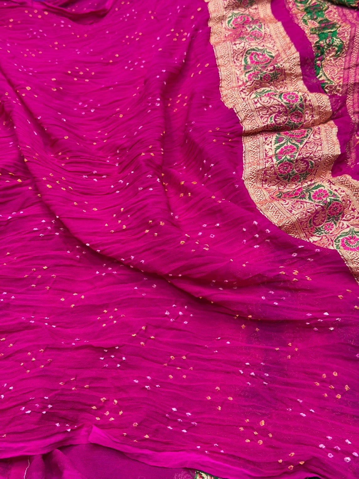 Rani Pink Banarasi Pure Bandhej Georgette Saree – Luxury Cutwork Brocade Festive Saree