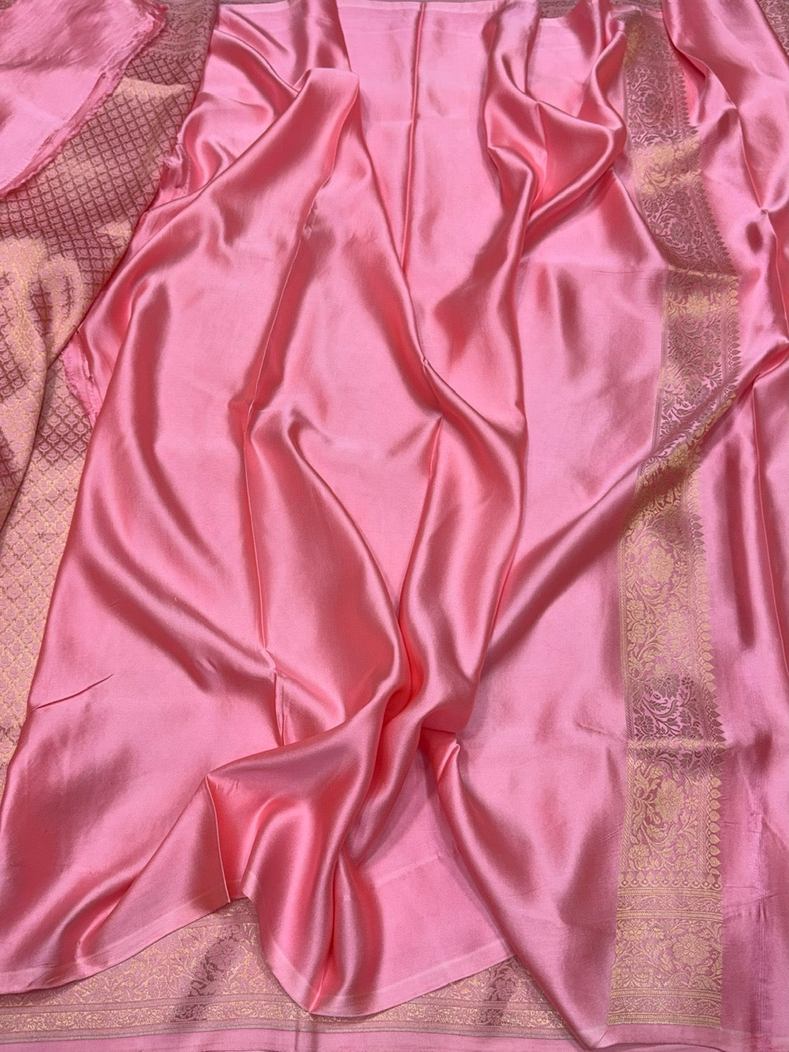Baby Pink Handwoven Pure Mashru Banarasi Satin Silk Saree