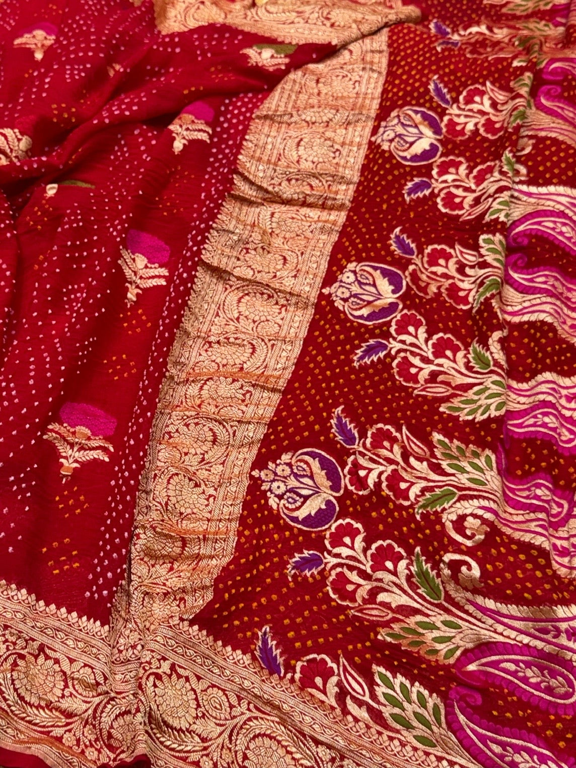 Red Banarasi Pure Bandhej Georgette Saree – Luxury Cutwork Brocade Wedding & Festive Saree