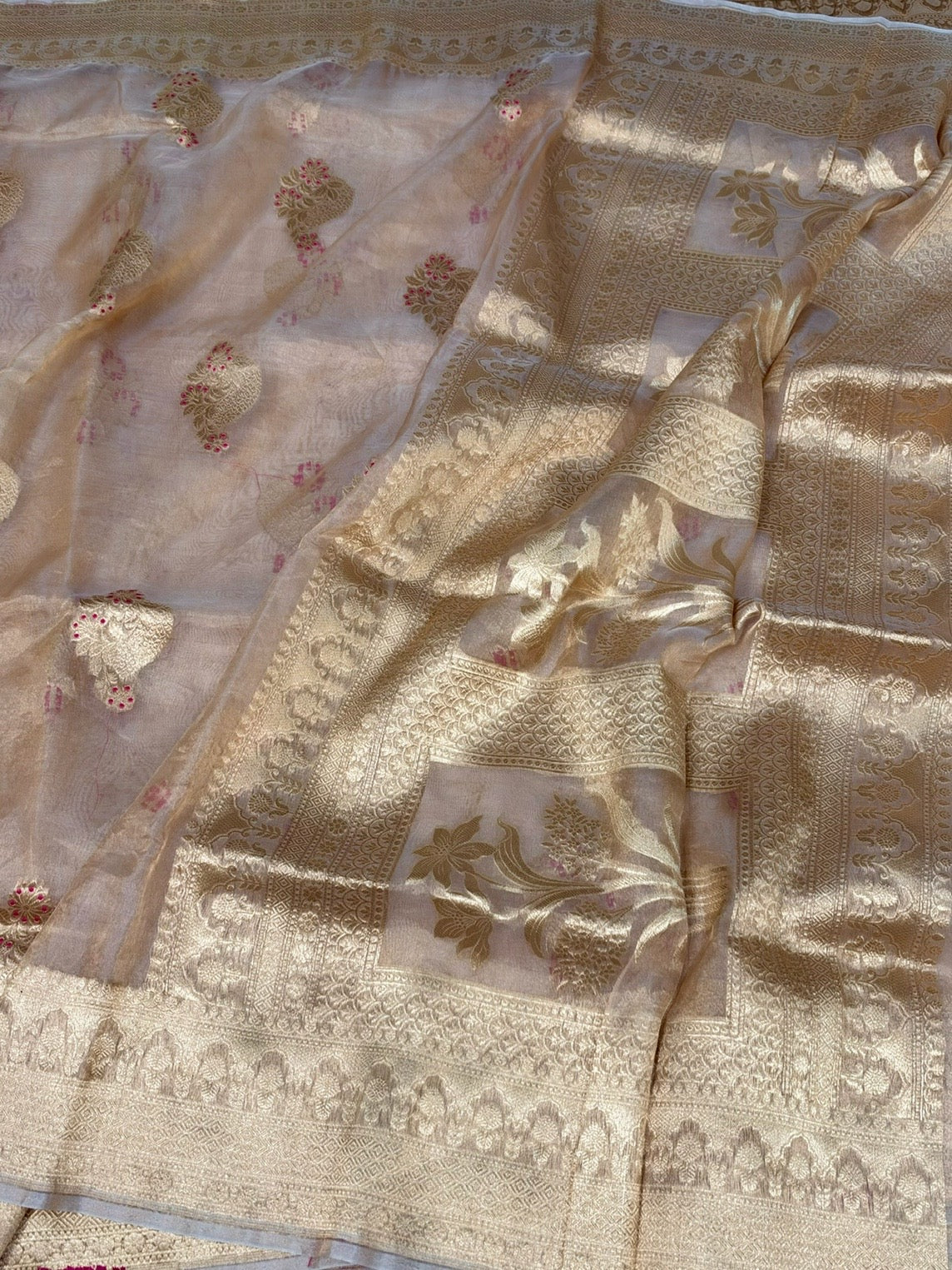 Champagne Gold Pure Banarasi Tissue Silk Saree Pure Kora Tissue