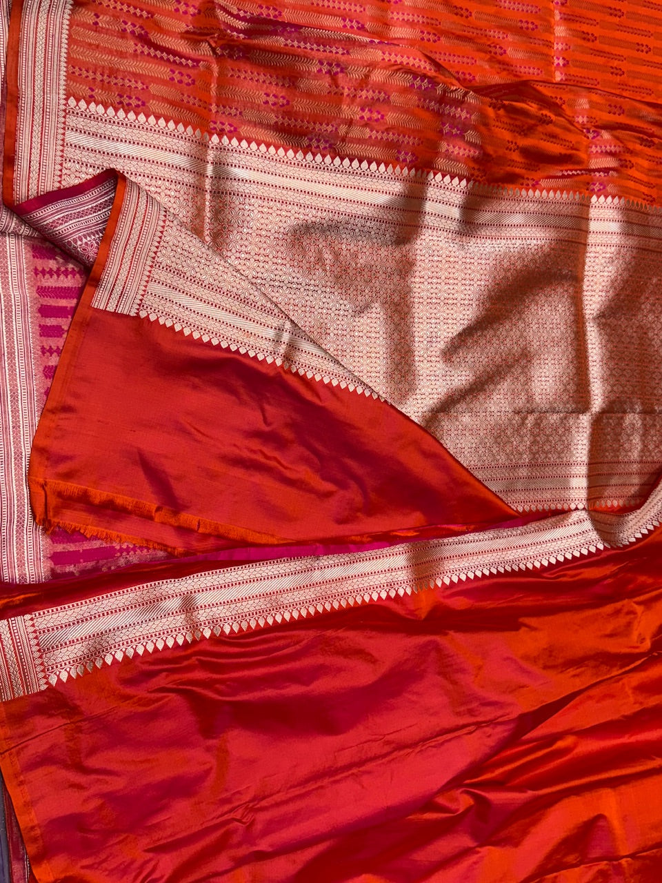 Orange Handwoven Pure Banarasi Satin Tanchoi Silk Saree