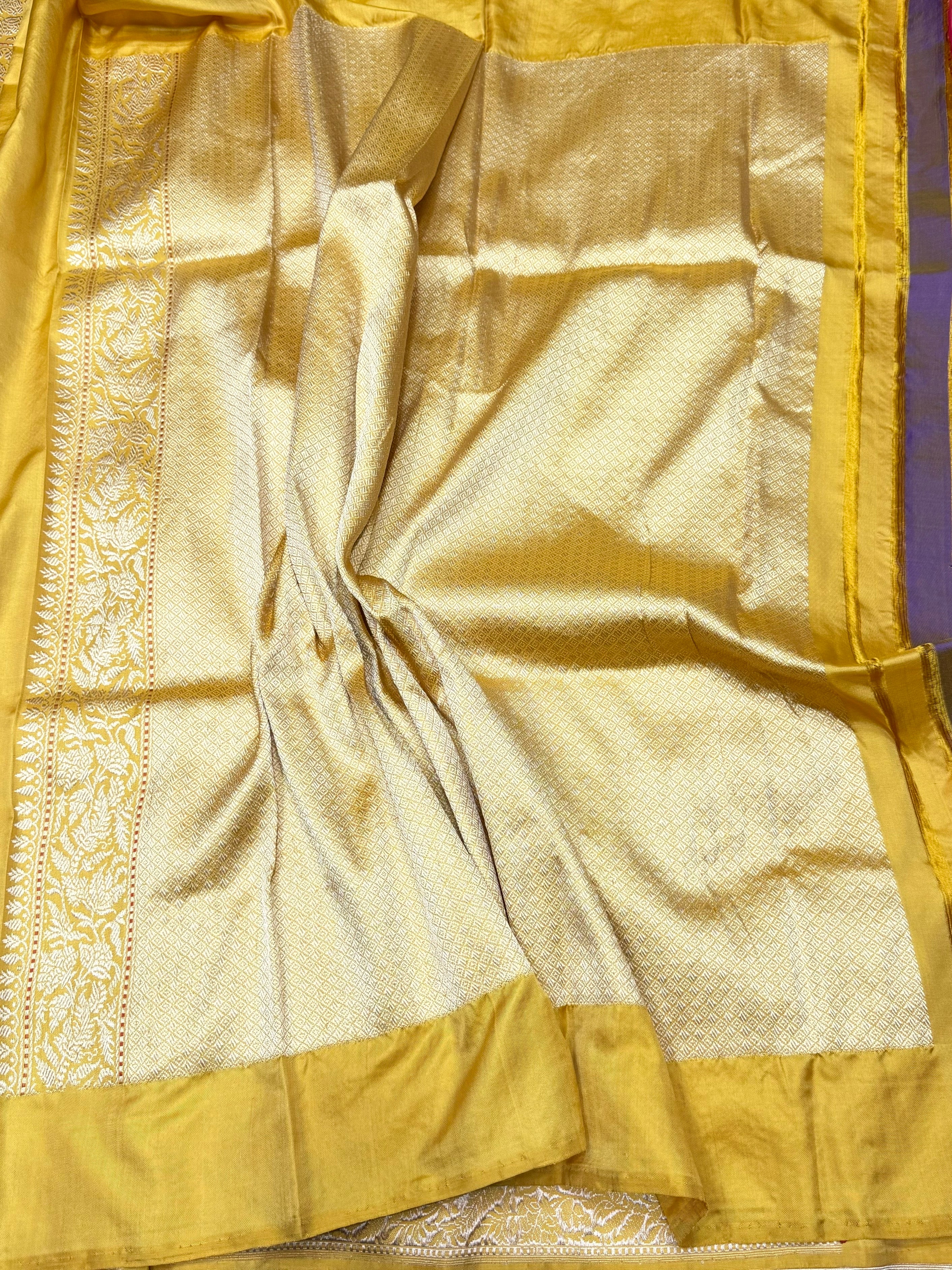 Mustard Yellow Handwoven Pure Banarasi Ektara Silk Saree – Authentic Kadwa Weave