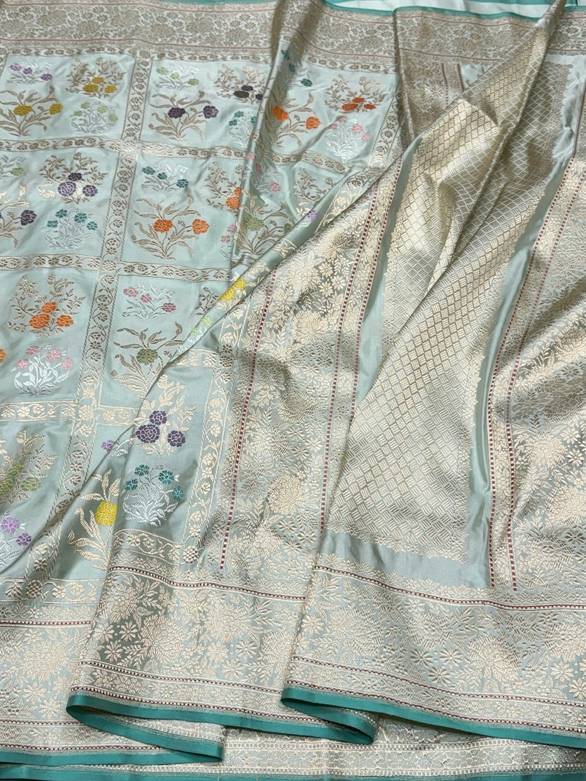 Char Bagh Sage Green Handwoven Pure Banarasi Silk Saree