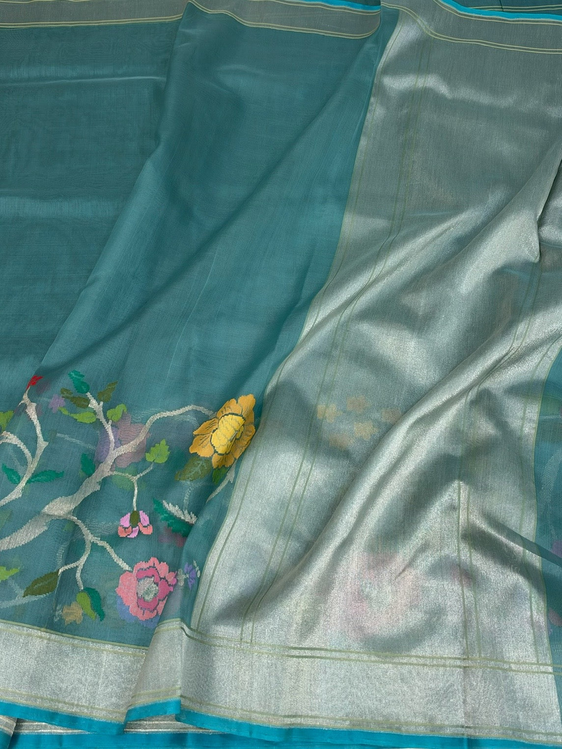 Teal Blue Handwoven Pure Banarasi Kora Jamdani Silk Saree
