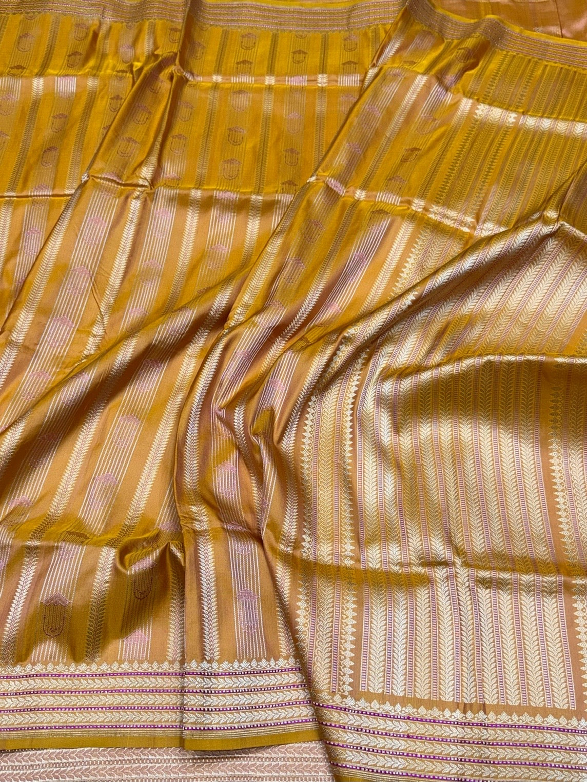 Mustard Yellow Handwoven Pure Banarasi Satin Silk Saree – Kadwa Weave & Lustrous Satin Finish