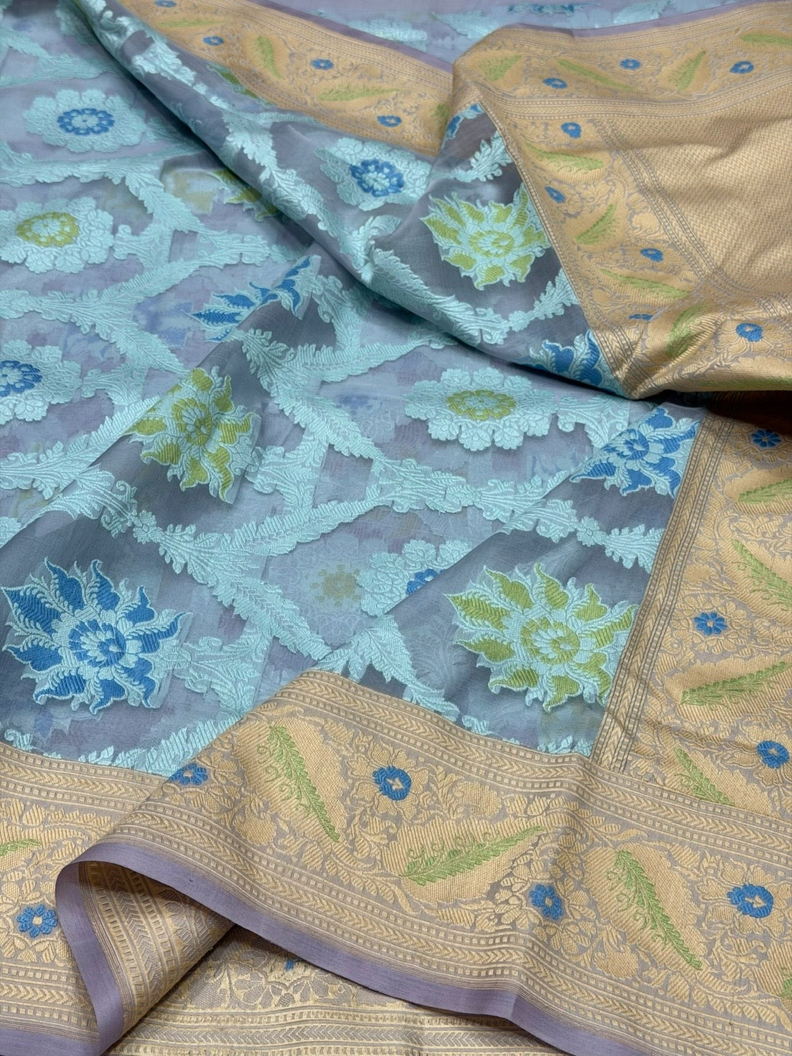 Sky Blue Handwoven Pure Banarasi Organza Silk Saree