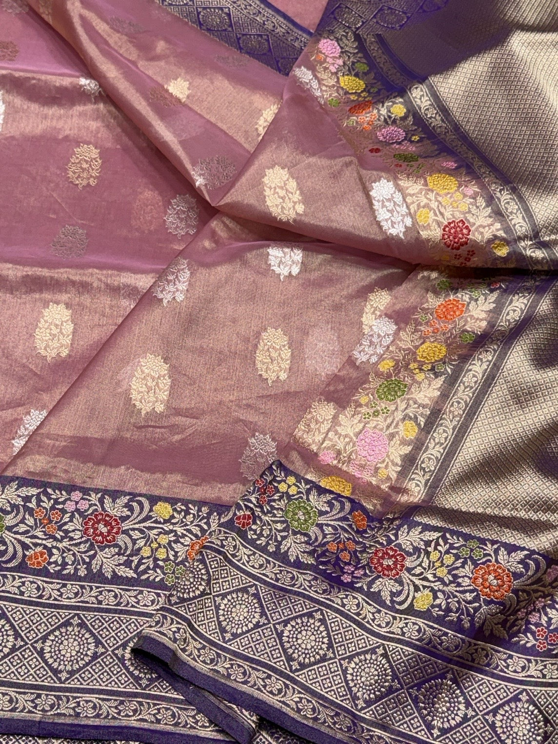 Peach Handwoven Pure Banarasi Kora Tissue Saree