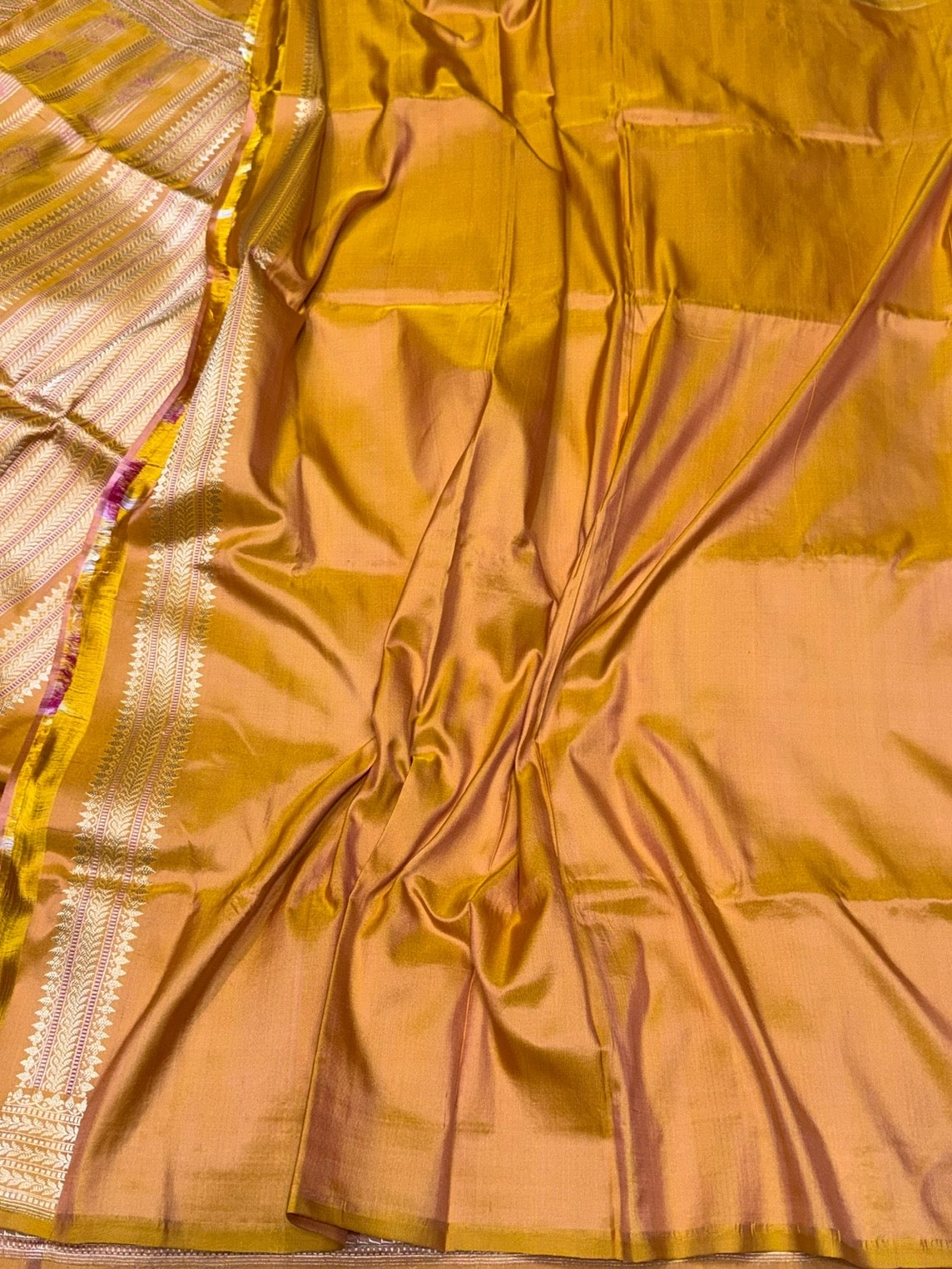 Mustard Yellow Handwoven Pure Banarasi Satin Silk Saree – Kadwa Weave & Lustrous Satin Finish