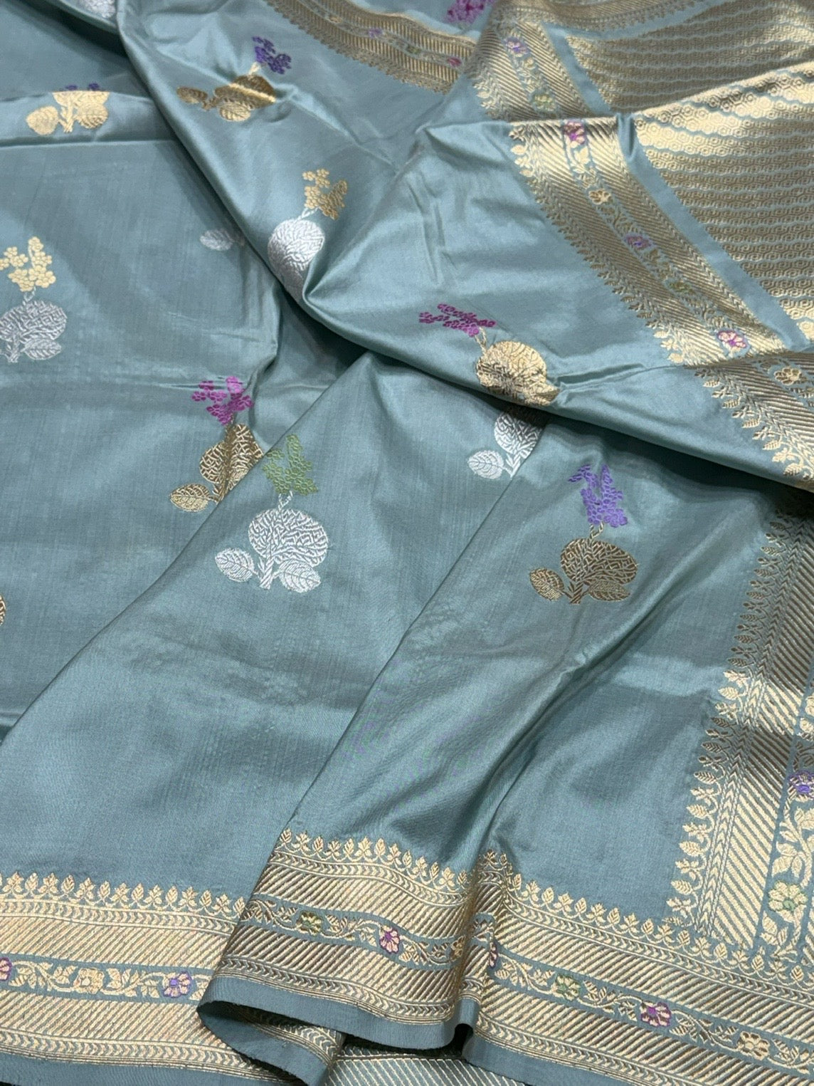 Powder Blue Handwoven Pure Banarasi Silk Saree