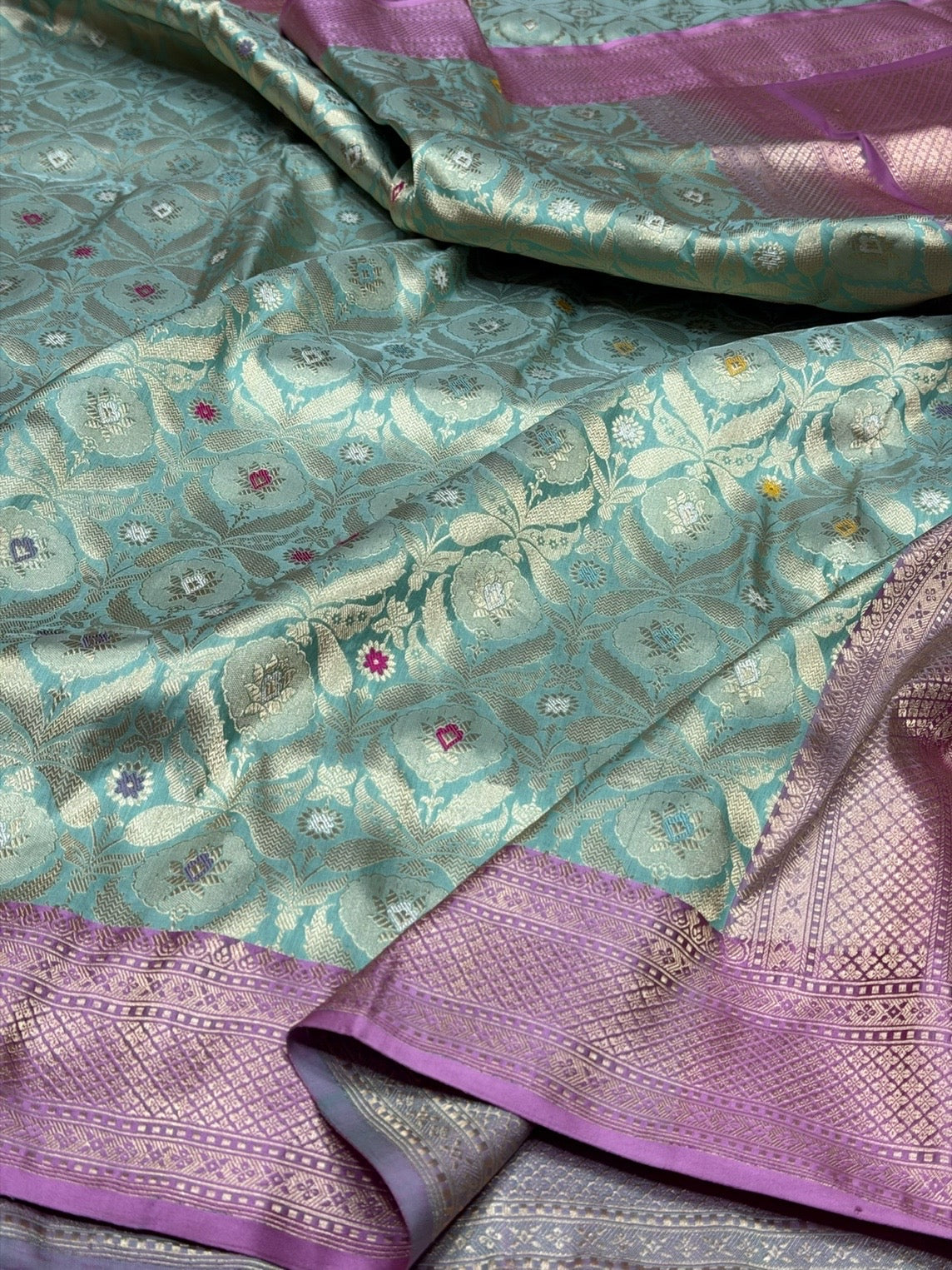Powder Blue Handwoven Banarasi Pure Silk Brocade Saree with Red Satin Border – Luxurious Katan Silk
