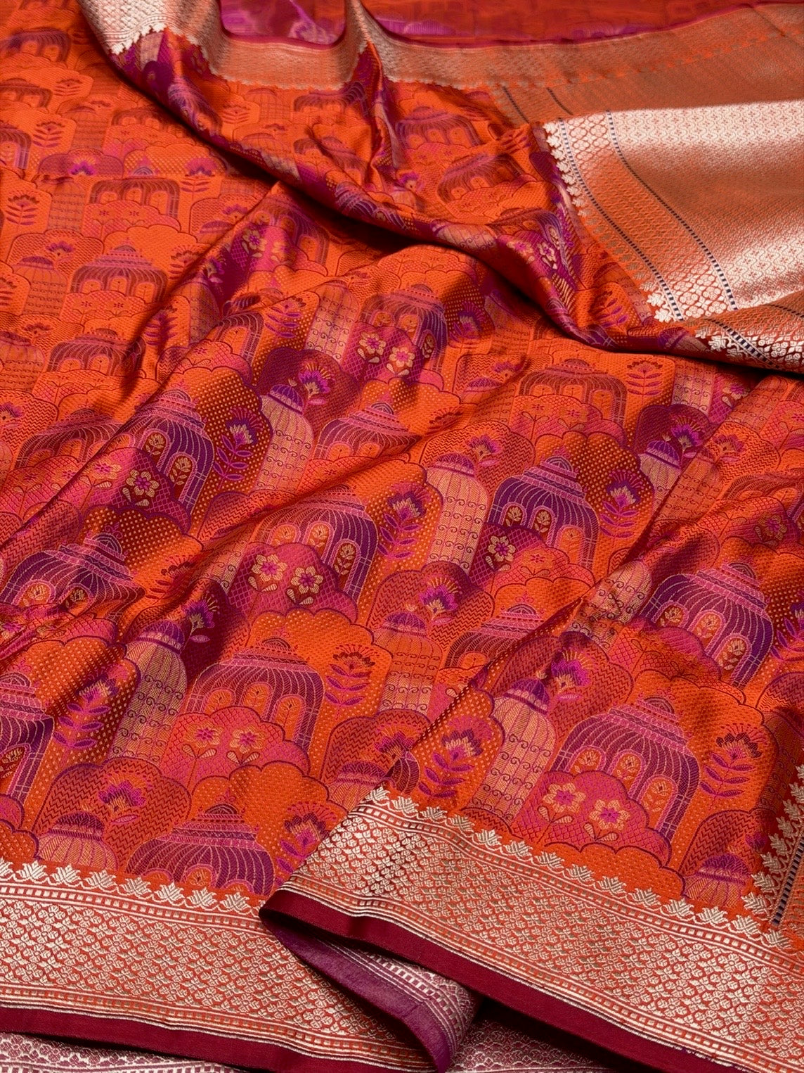 Orange Handwoven Pure Banarasi Satin Silk Saree – Kadwa Weave in 100% Satin Silk