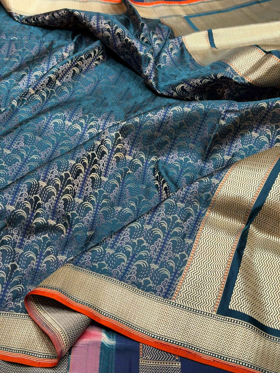 German Blue Handwoven Pure Banarasi Satin Tanchoi Silk Saree – Luxurious Satin Silk with Kadwa Weave