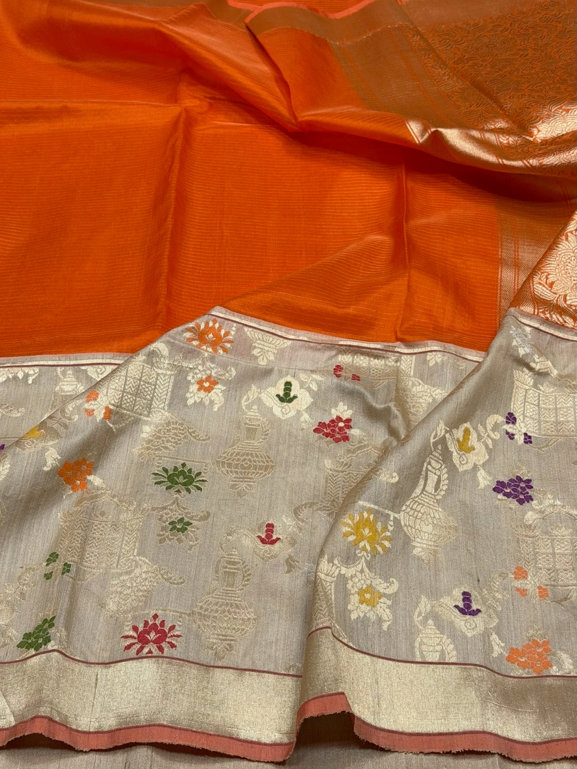 Orange Handwoven Pure Organza Tussar Border Saree