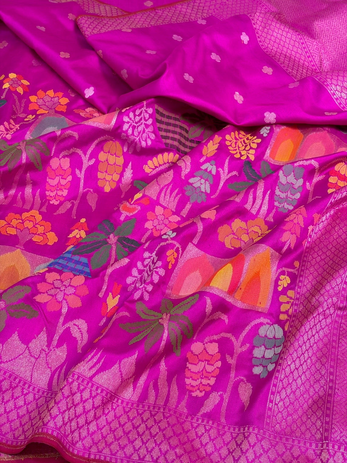Rani Pink Handwoven Banarasi Pure Katan Jamdani Saree