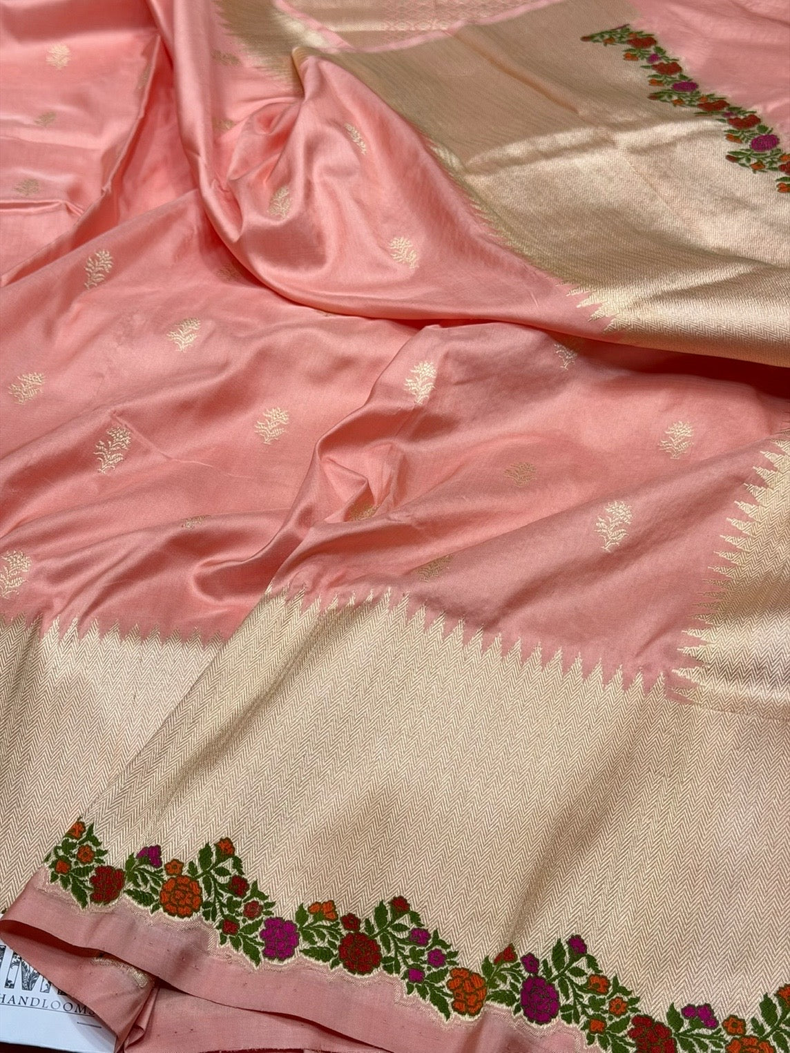 Peach Handwoven Pure Banarasi Silk Saree in Kadwa Weave – Katan Silk with Skirt Pattern Design