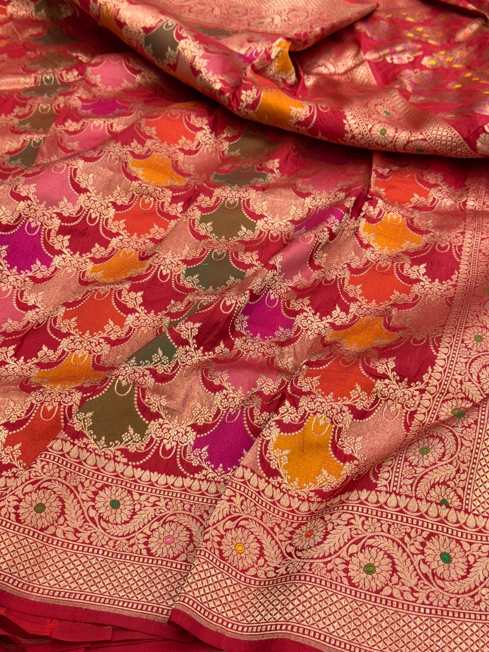 Multicolour Banarasi Pure Silk Saree – Cutwork Weave in 100% Pure Katan Silk