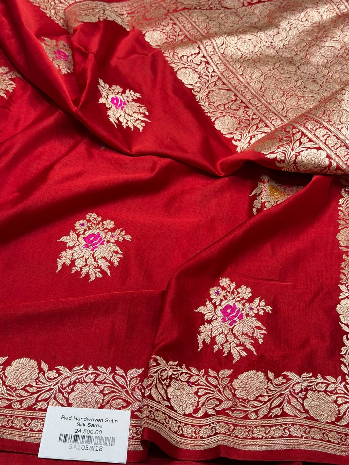 Red Handwoven Vintage Pure Banarasi Satin Silk Saree