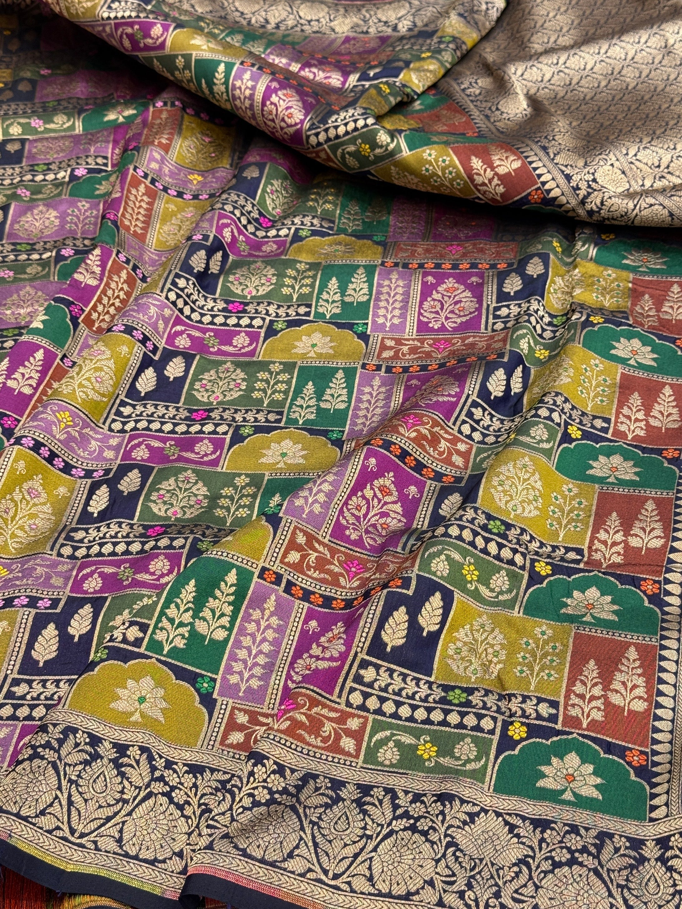 Multicolour Banarasi Pure Silk Saree – Cutwork Weave in 100% Pure Katan Silk