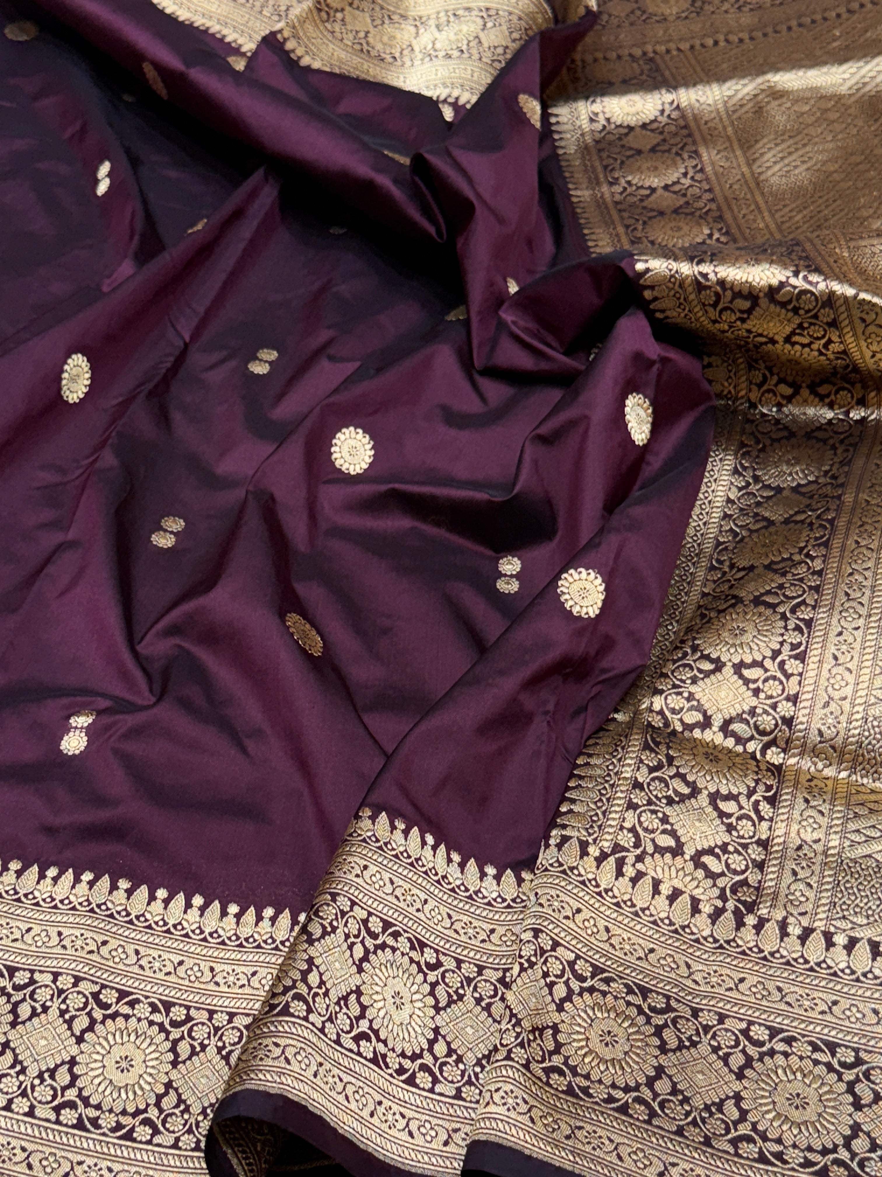 Wine Handwoven Vintage Pure Banarasi Silk Saree