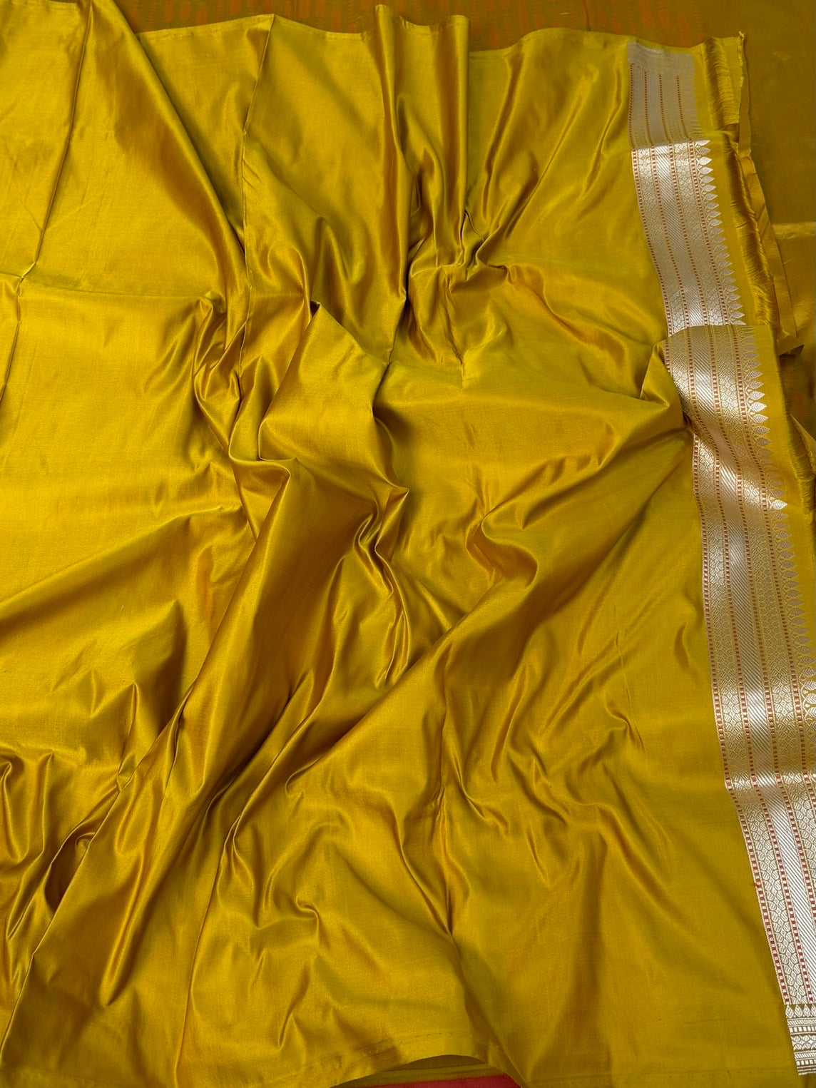 Mustard Yellow Handwoven Pure Banarasi Satin Tanchoi Silk Saree